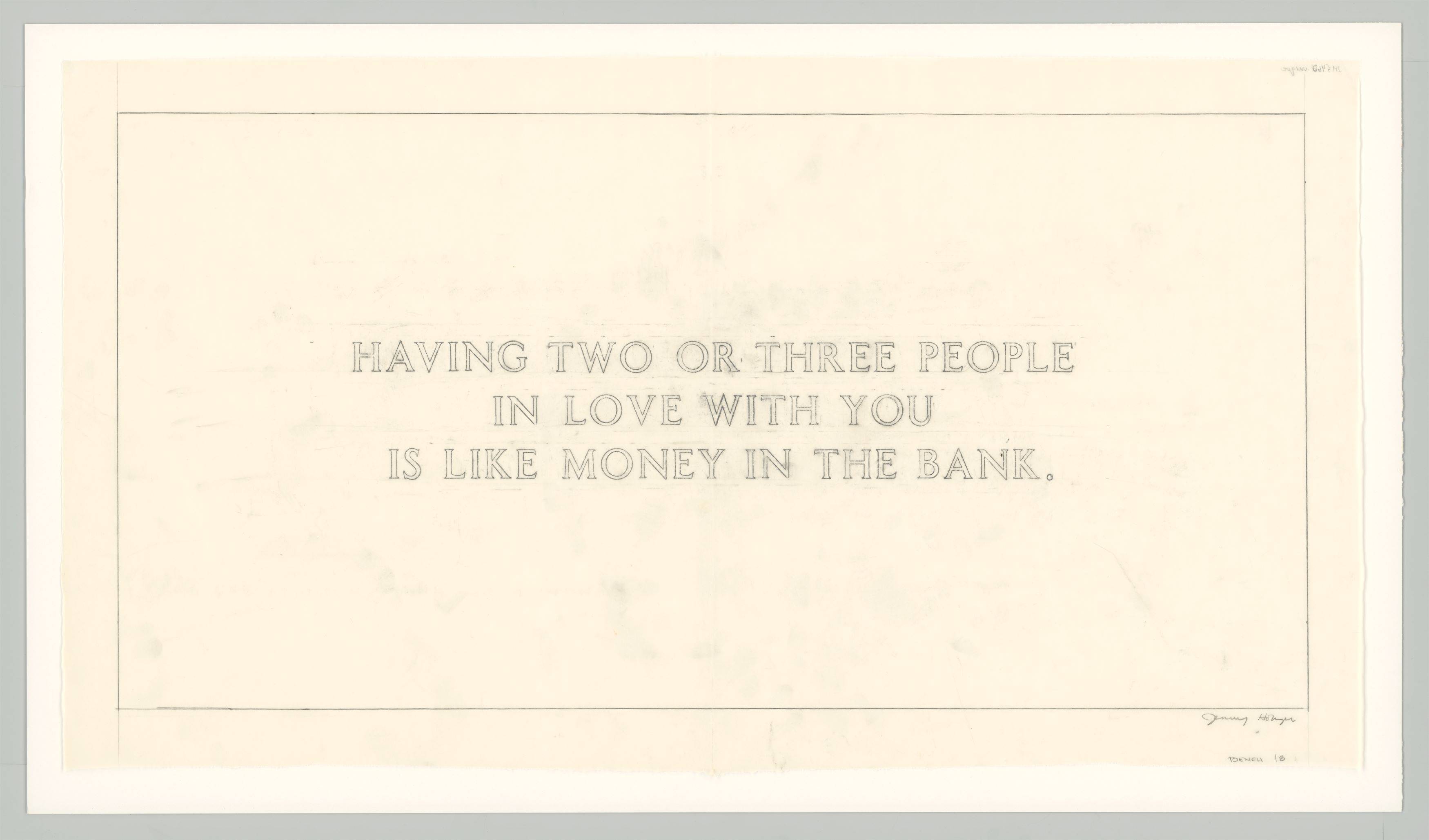 This picture shows the following artwork: Jenny Holzer. ”The Living Series: Having two or three people in love with you... (BENCH 18)”. 1980-82.