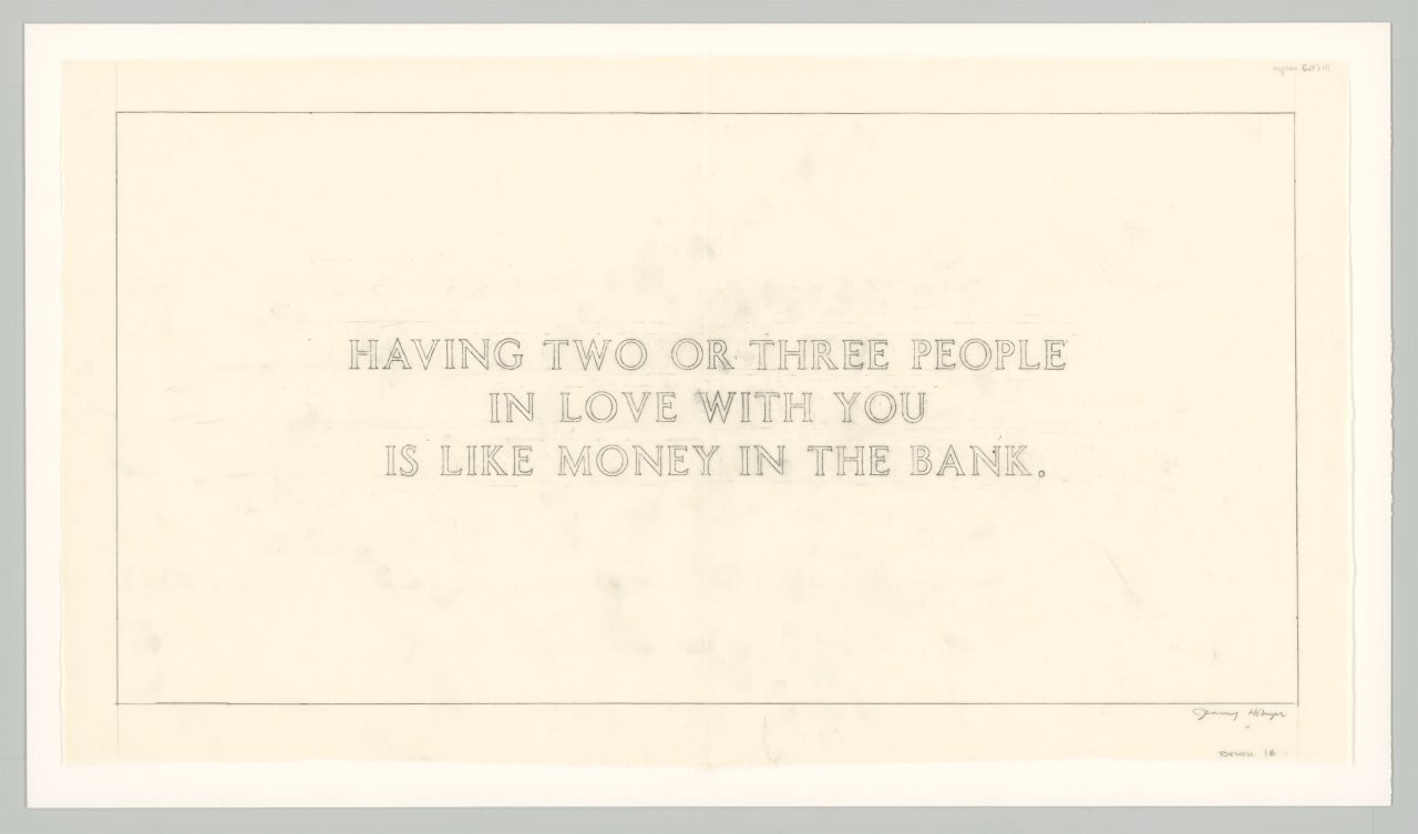 This picture shows the following artwork: Jenny Holzer. ”The Living Series: Having two or three people in love with you... (BENCH 18)”. 1980-82.