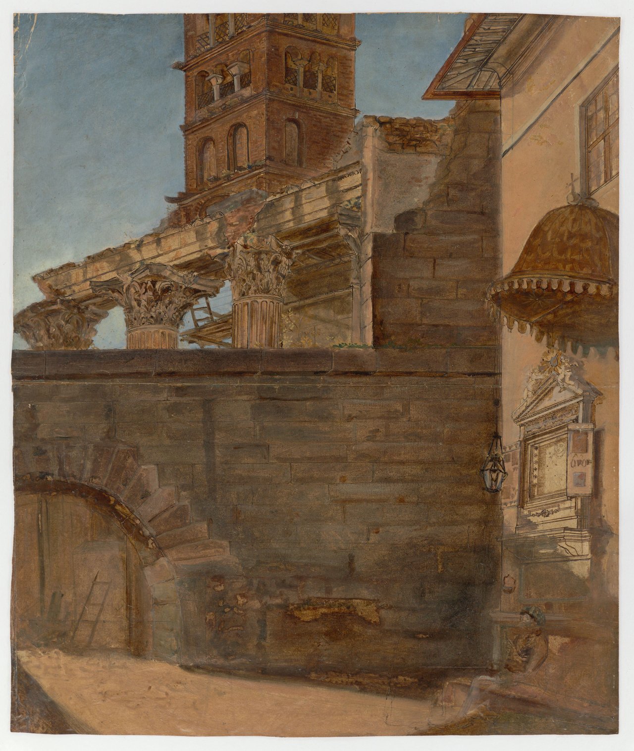 This picture shows the following artwork: Joseph Bertini. View of a courtyard and campanile over colonnades in Rome. 1820.