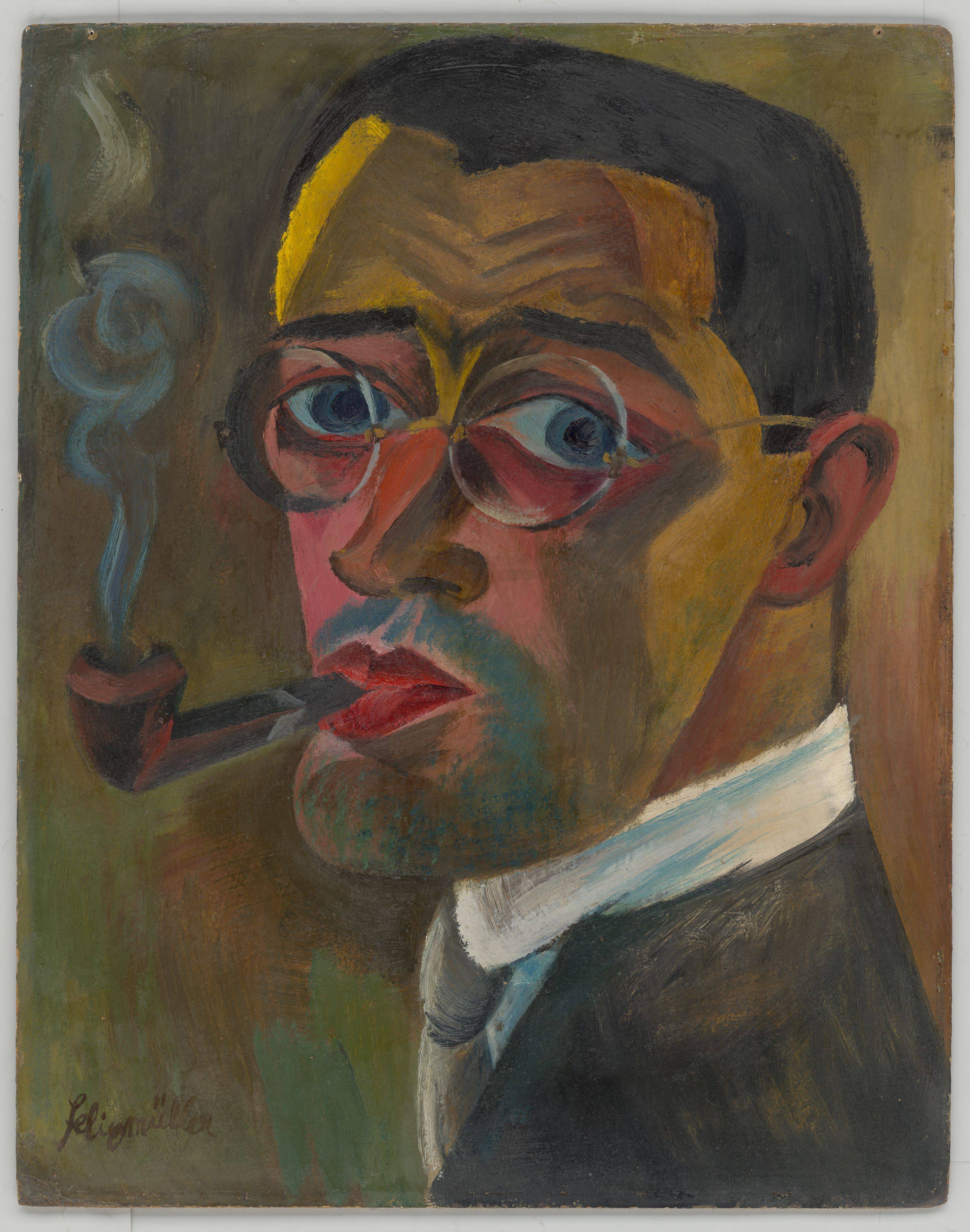 Auf diesem Bild ist das folgende Kunstwerk zu sehen: Conrad Felixmüller. „Selbstbildnis, Pfeife rauchend“. 1921.