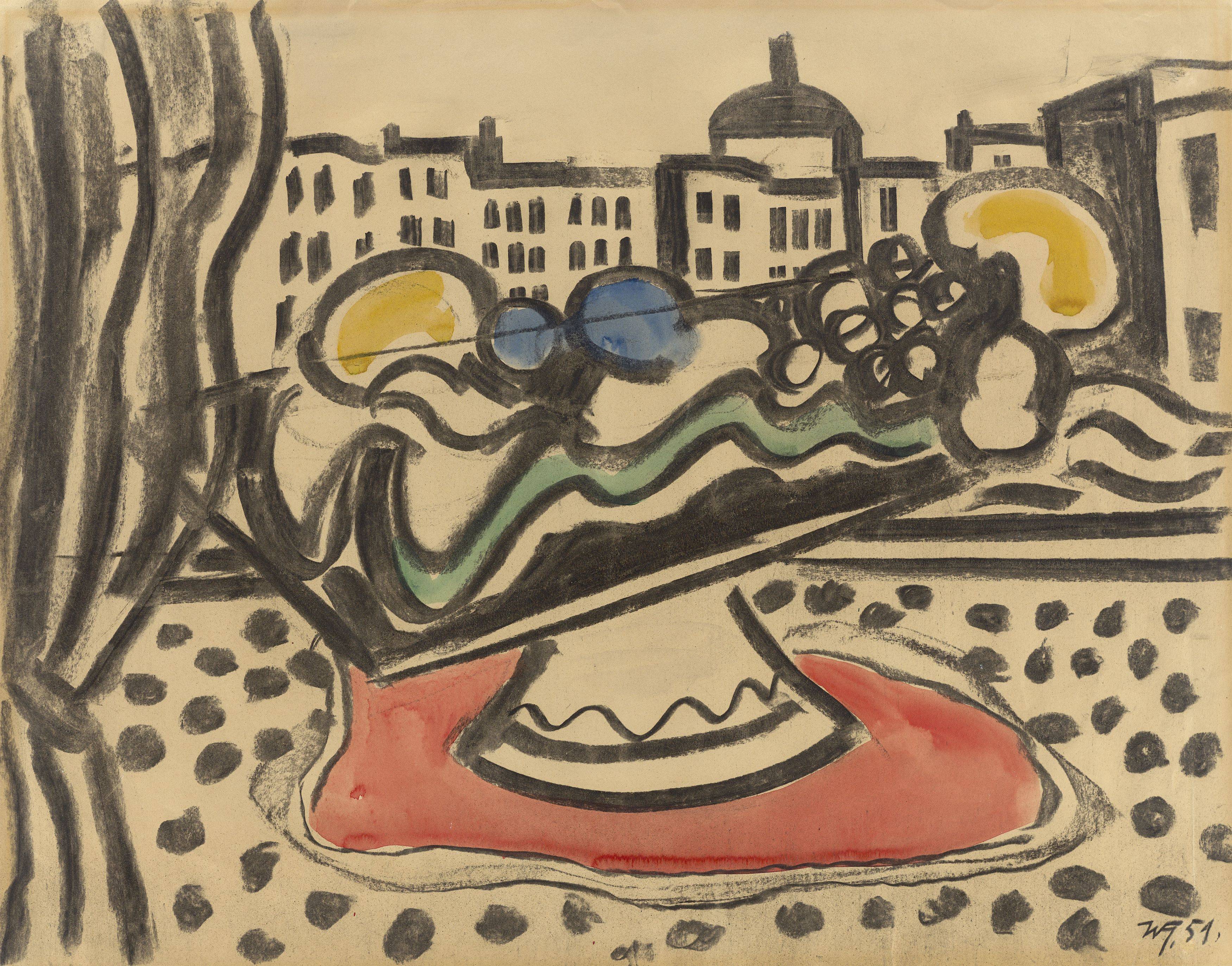 This picture shows the following artwork: Werner Heldt. ”Blick aus dem Fenster mit Fruchtkorb”. 1951.