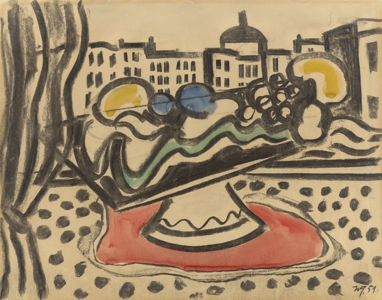 This picture shows the following artwork: Werner Heldt. ”Blick aus dem Fenster mit Fruchtkorb”. 1951.