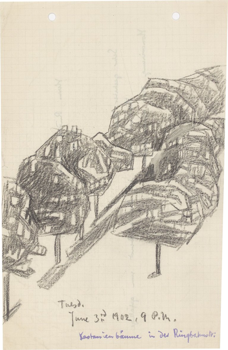 Auf diesem Bild ist das folgende Kunstwerk zu sehen: Lyonel Feininger. „Kastanienbäume in der Ringbahnstraße“. 1902.