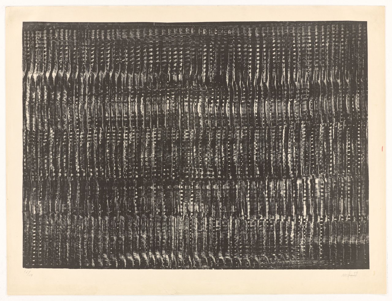 Auf diesem Bild ist das folgende Kunstwerk zu sehen: Heinz Mack. „Struktur in Schwarz (Vibration I)“. 1959.