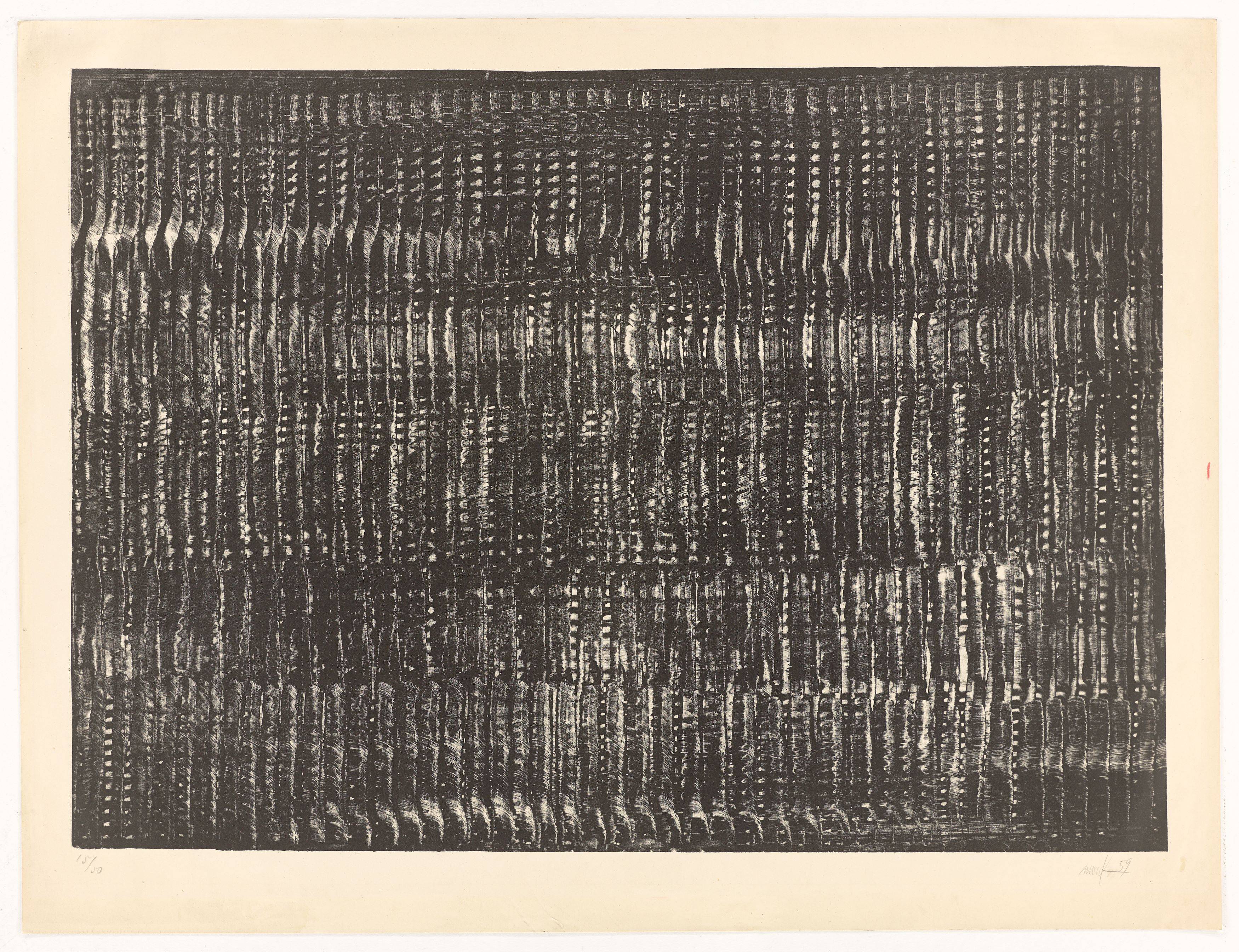 Auf diesem Bild ist das folgende Kunstwerk zu sehen: Heinz Mack. „Struktur in Schwarz (Vibration I)“. 1959.