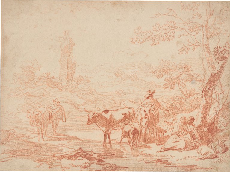 This picture shows the following artwork: Nicolaes Petersz Berchem. ”Hirtenszene in arkadischer Landschaft”.