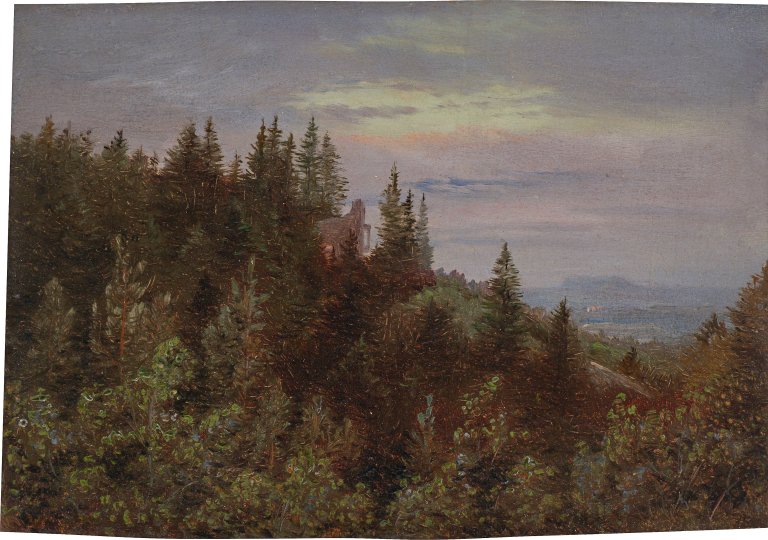 This picture shows the following artwork: Carl Gustav Carus. ”Ruine in Pillnitz über den Weinbergen”. Circa 1835.