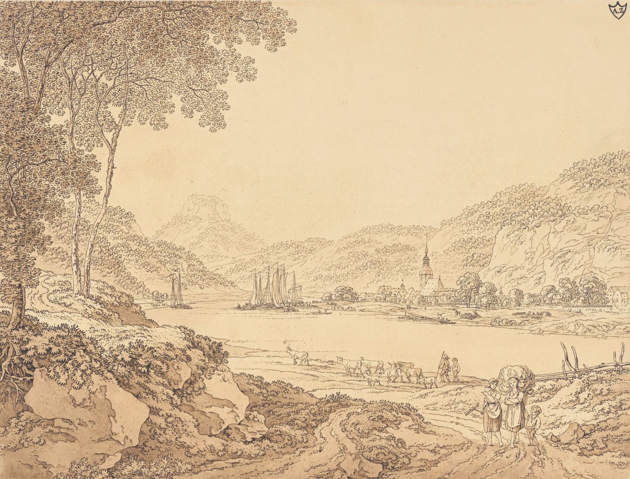 This picture shows the following artwork: Adrian Zingg. View of Dresden with people walking / Landscape with river course and country folk.