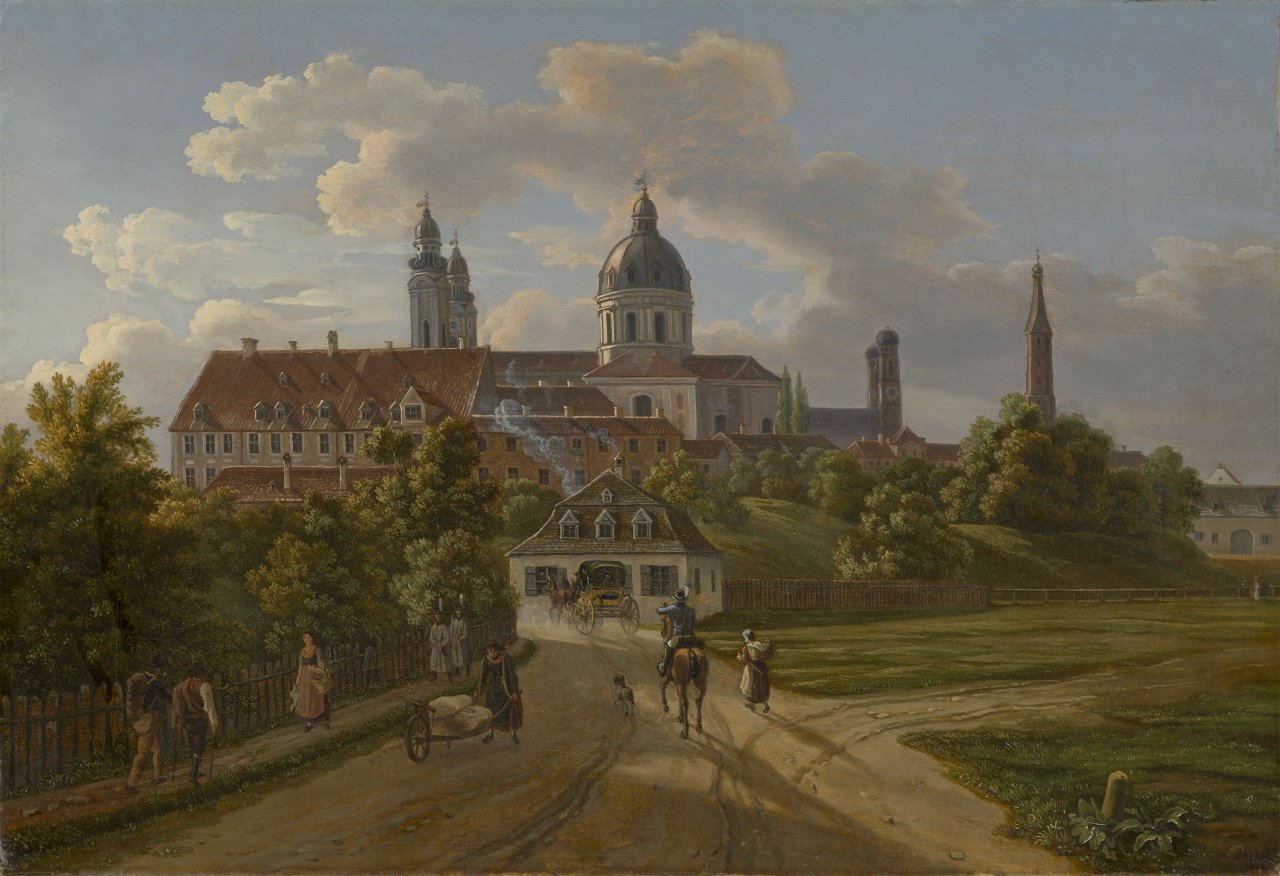 This picture shows the following artwork: Heinrich Adam. View of Munich from the Schwabinger Tor with the towers of the Theatiner Church. 1823.
