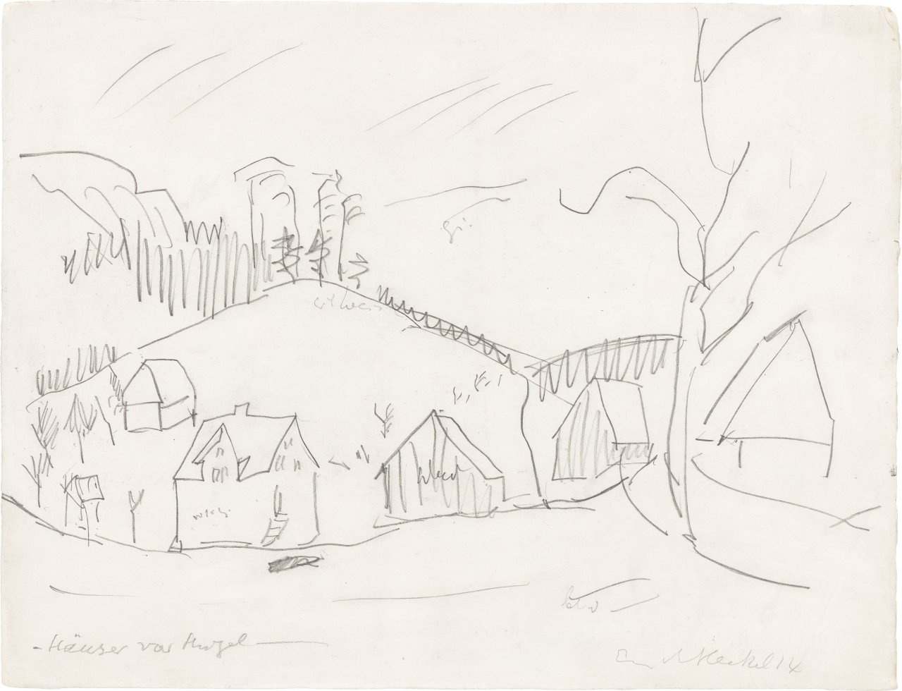 Auf diesem Bild ist das folgende Kunstwerk zu sehen: Erich Heckel. „Häuser vor Hügel“. 1914.
