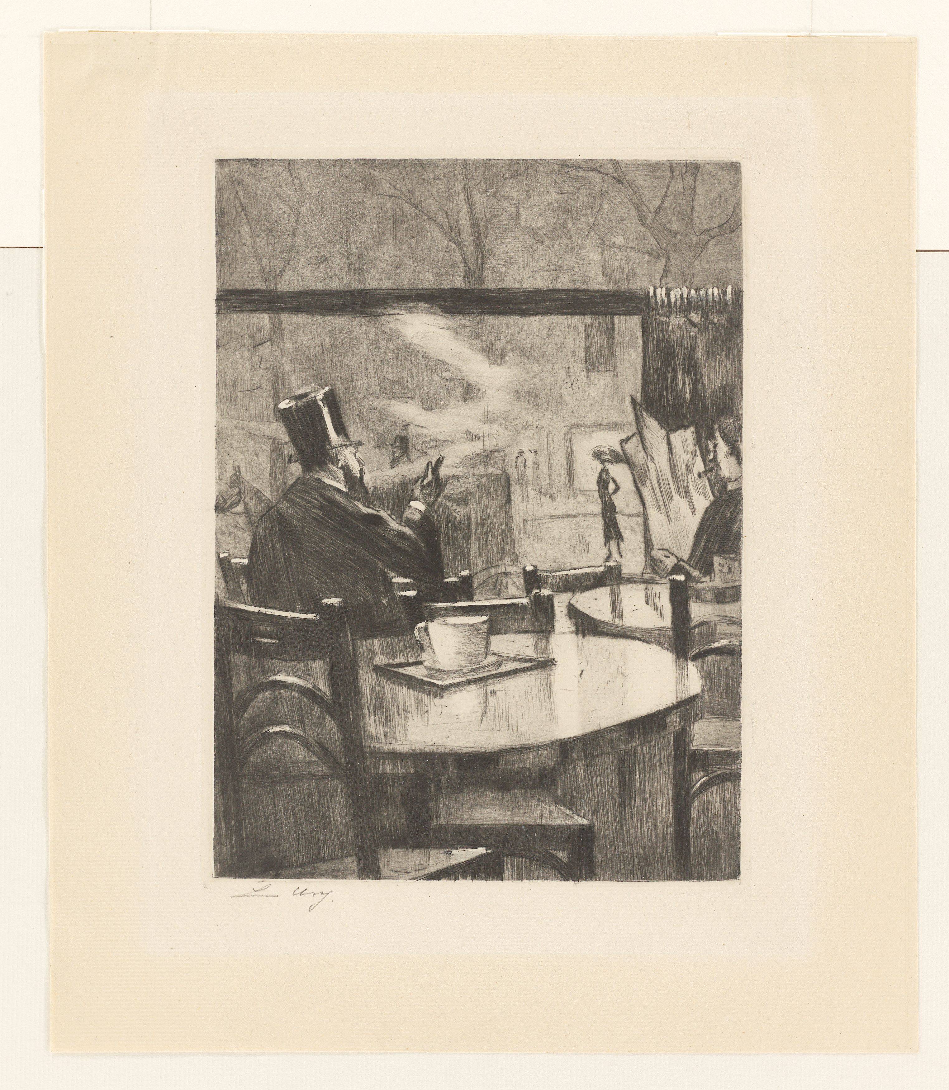 Auf diesem Bild ist das folgende Kunstwerk zu sehen: Lesser Ury. „Herr mit Zylinder vor einem Kaffeehausfenster – in Rückenansicht“. 1923.