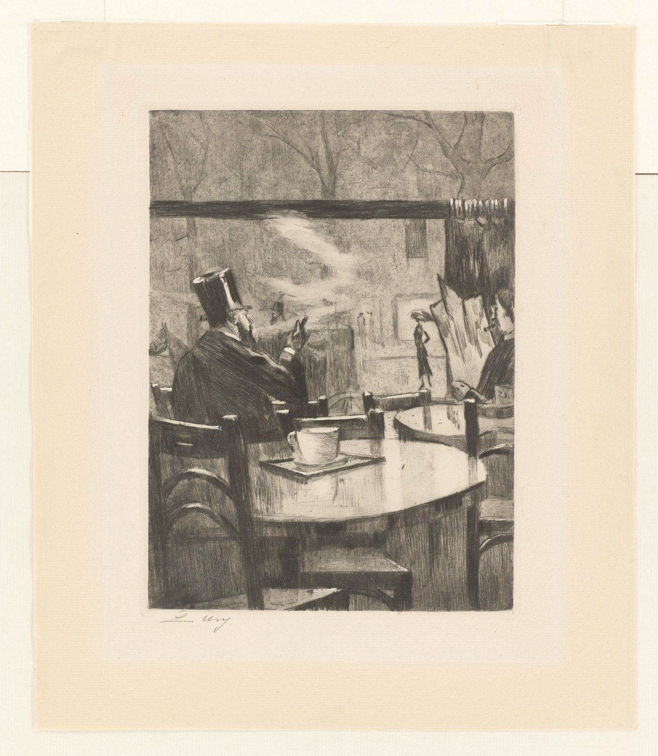 Auf diesem Bild ist das folgende Kunstwerk zu sehen: Lesser Ury. „Herr mit Zylinder vor einem Kaffeehausfenster – in Rückenansicht“. 1923.