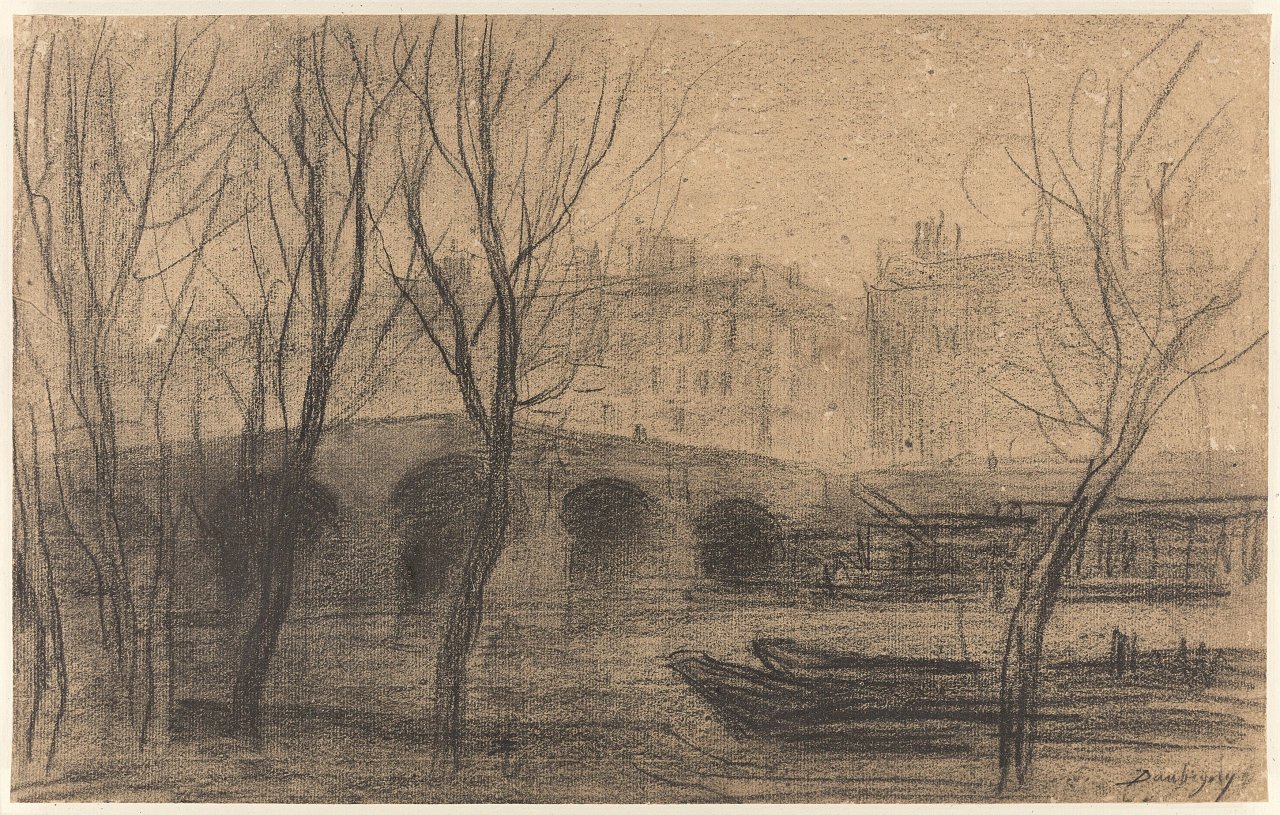 Auf diesem Bild ist das folgende Kunstwerk zu sehen: Charles-François Daubigny. Blick auf die Seine und den Pont Marie, Paris.