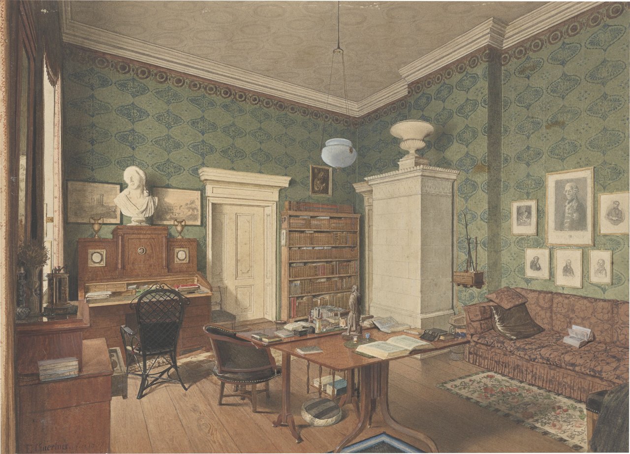 Auf diesem Bild ist das folgende Kunstwerk zu sehen: Eduard Gaertner. „Zimmer des Direktors im Joachimsthalschen Gymnasium“. 1857.