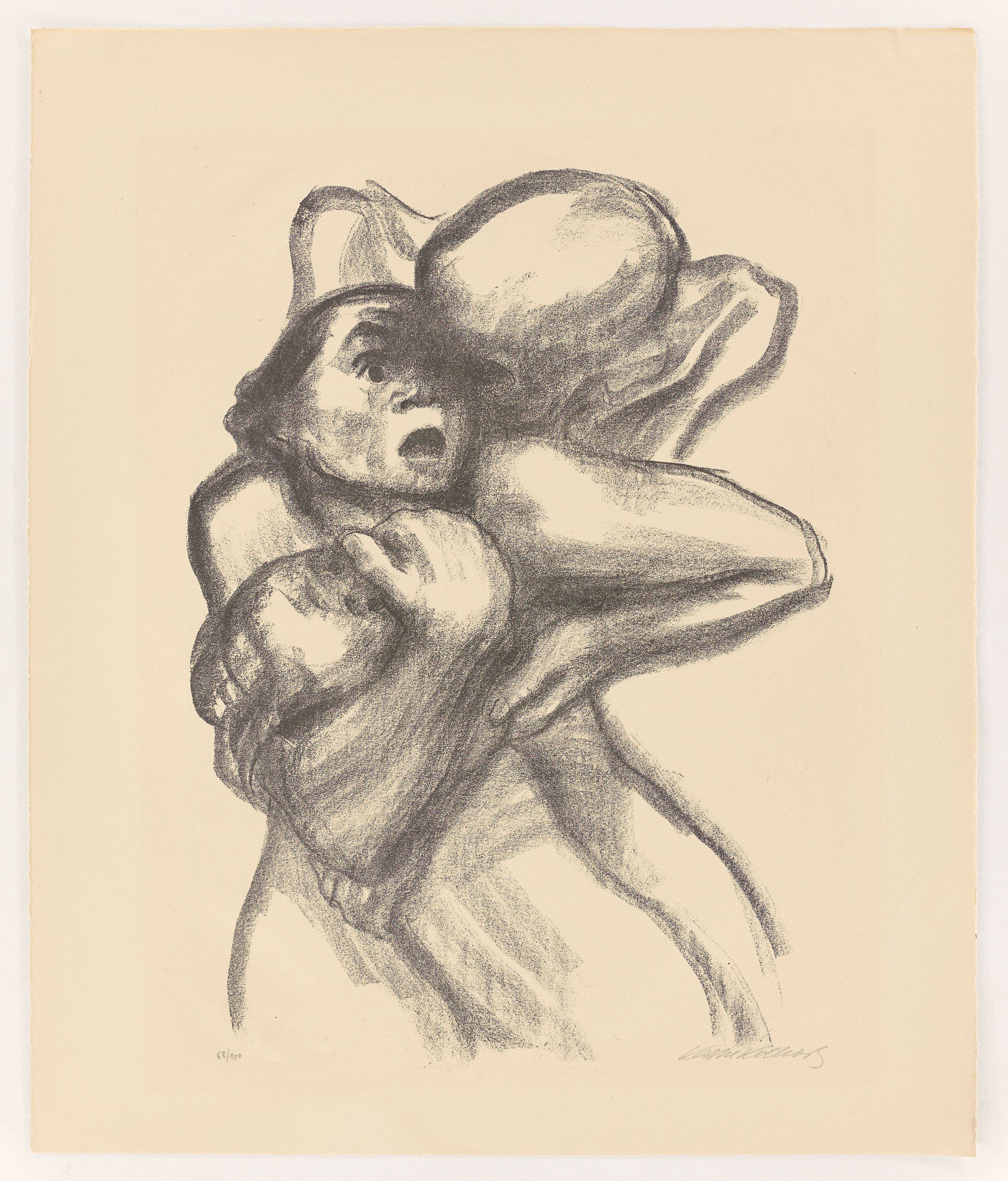 Auf diesem Bild ist das folgende Kunstwerk zu sehen: Käthe Kollwitz. „Tod packt eine Frau“. 1934.