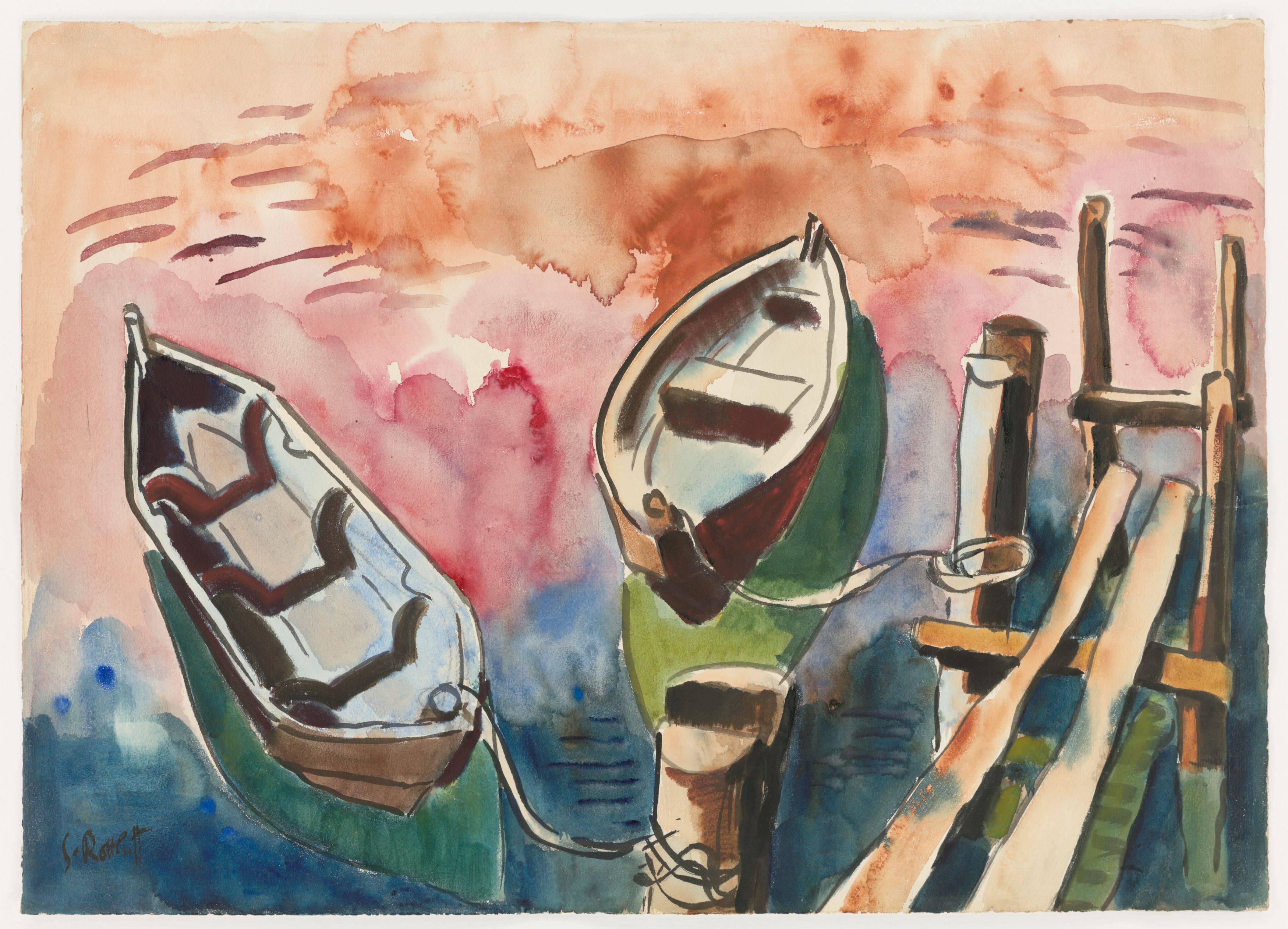 This picture shows the following artwork: Karl Schmidt-Rottluff. ”Zwei Ruderboote am Steg”. 1934.