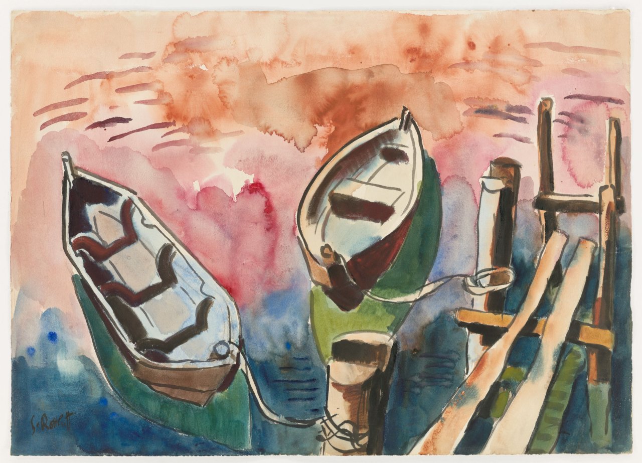 This picture shows the following artwork: Karl Schmidt-Rottluff. ”Zwei Ruderboote am Steg”. 1934.
