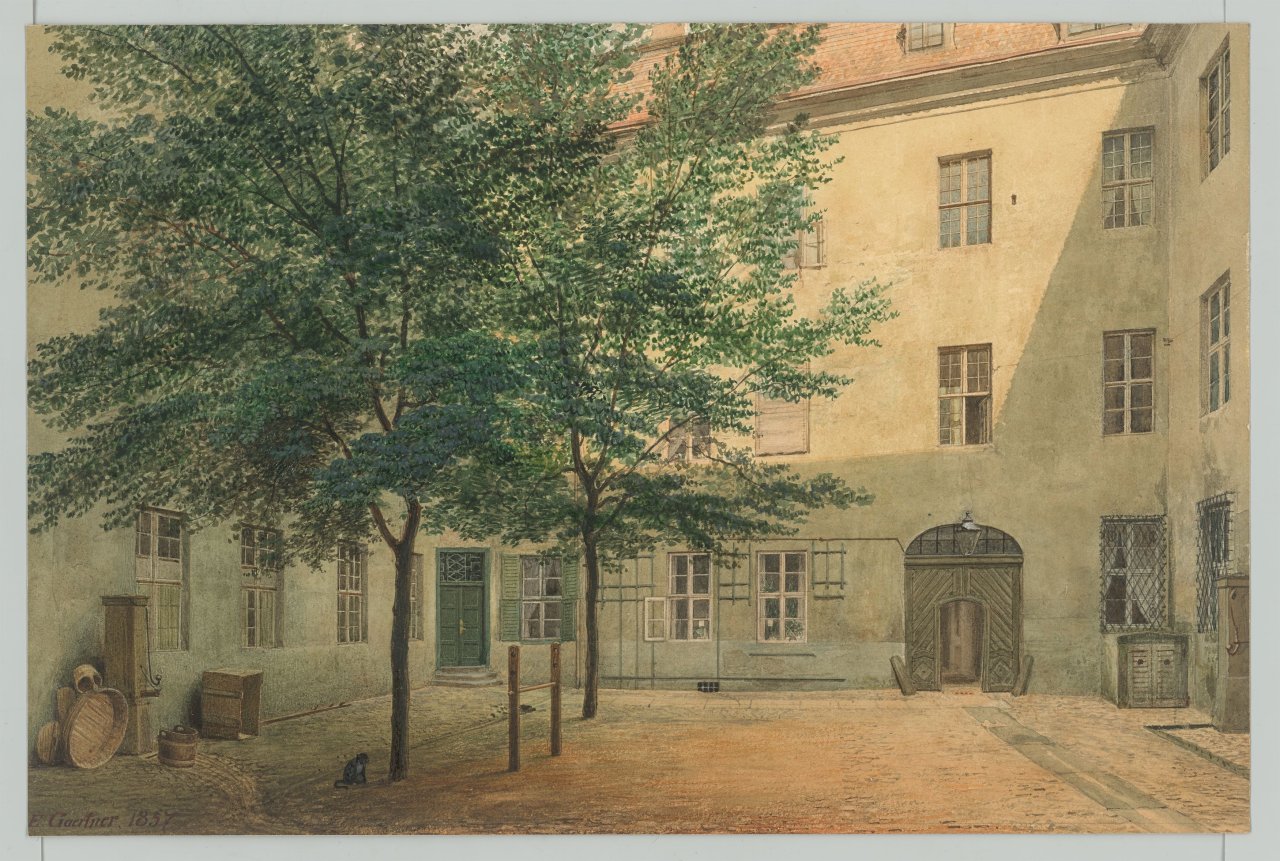Auf diesem Bild ist das folgende Kunstwerk zu sehen: Eduard Gaertner. „Hof des Joachimsthalschen Gymnasiums“. 1857.