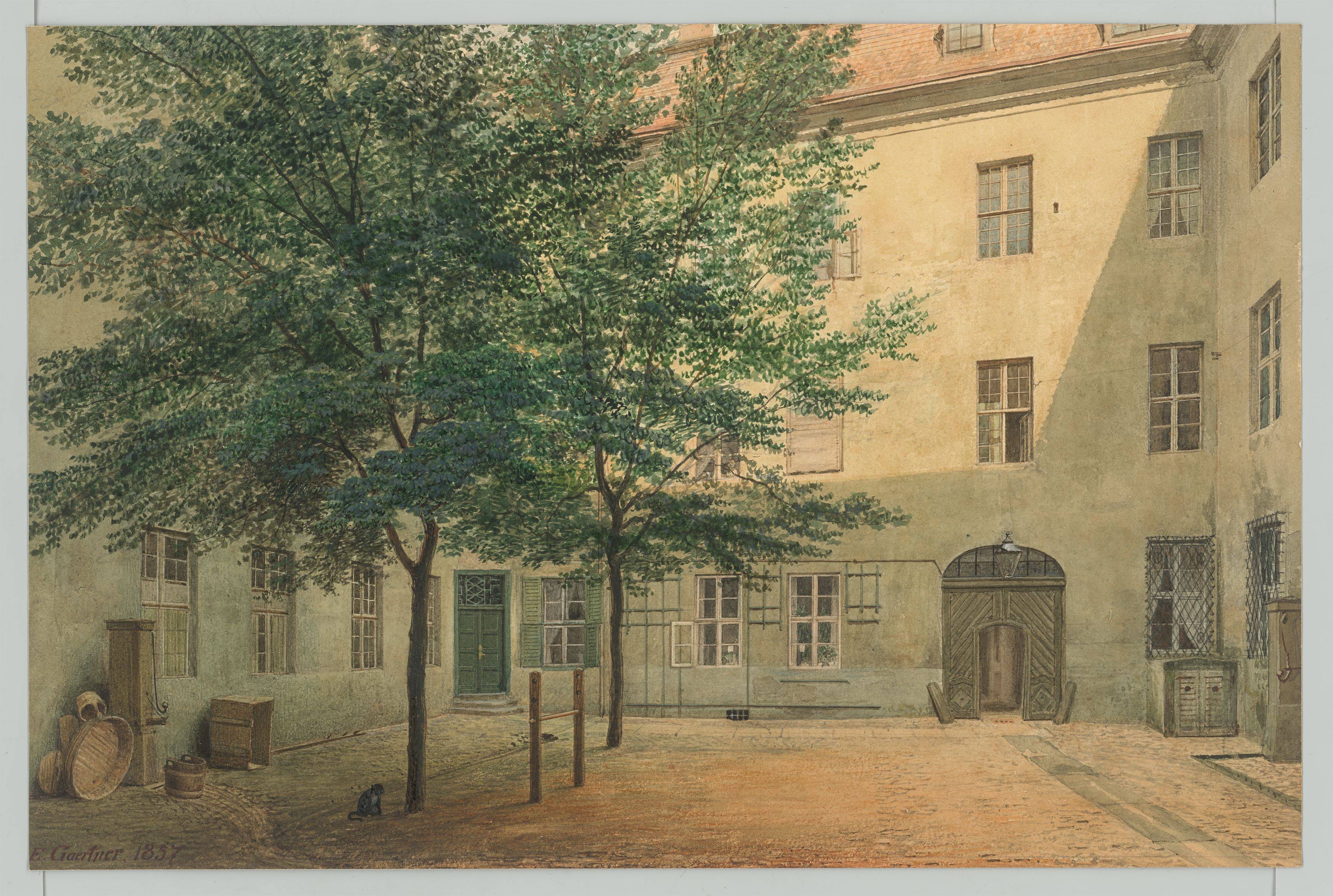 Auf diesem Bild ist das folgende Kunstwerk zu sehen: Eduard Gaertner. „Hof des Joachimsthalschen Gymnasiums“. 1857.