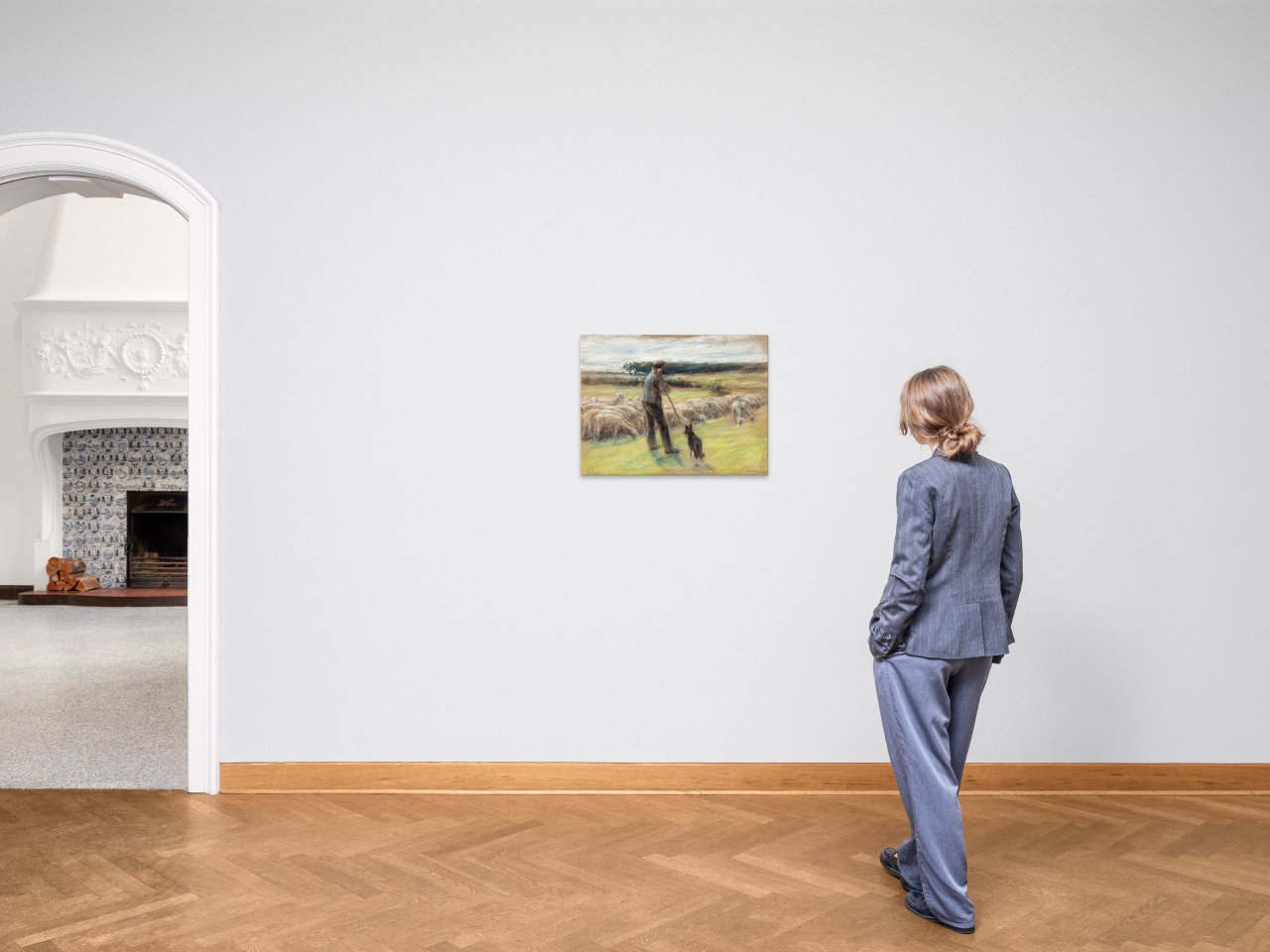 This picture shows the following artwork: Max Liebermann. „Schafe - Hirte mit Schafherde und Schäferhund bei Laren“. Circa 1895.