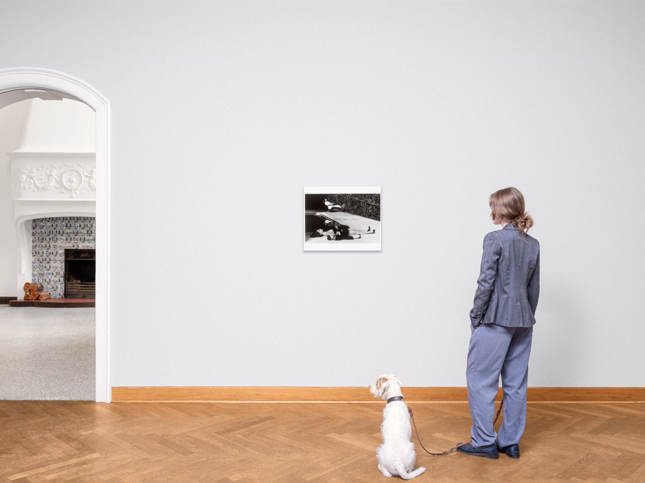 This picture shows the following artwork: Helmut Newton. ”Nastassia Kinski with Marlene Dietrich doll and the director James Toback, Hollywood”. 1983.