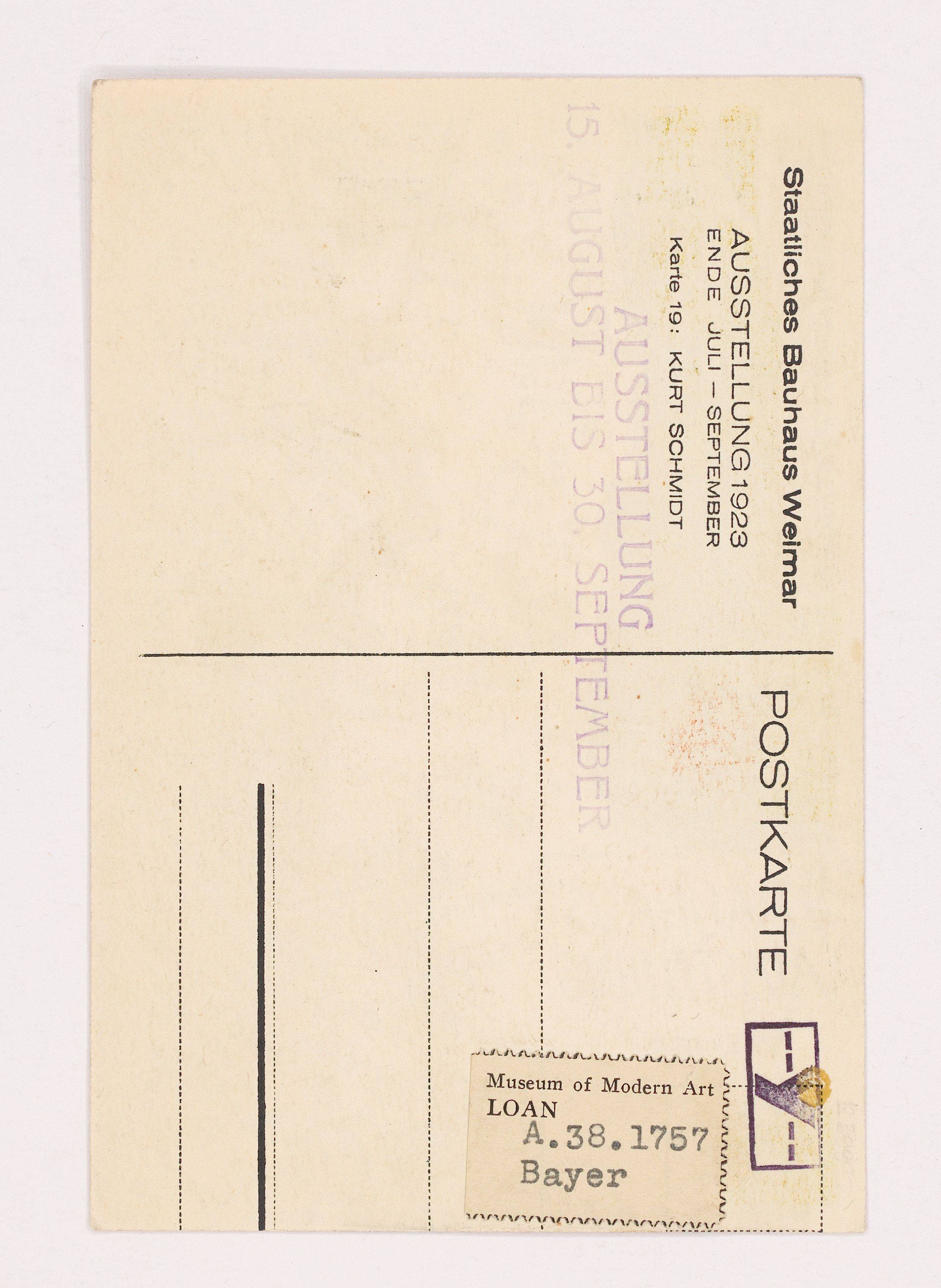 This picture shows the following artwork: Kurt Schmidt. ”Karte zur Bauhaus Ausstellung Weimar 1923”. 1923.