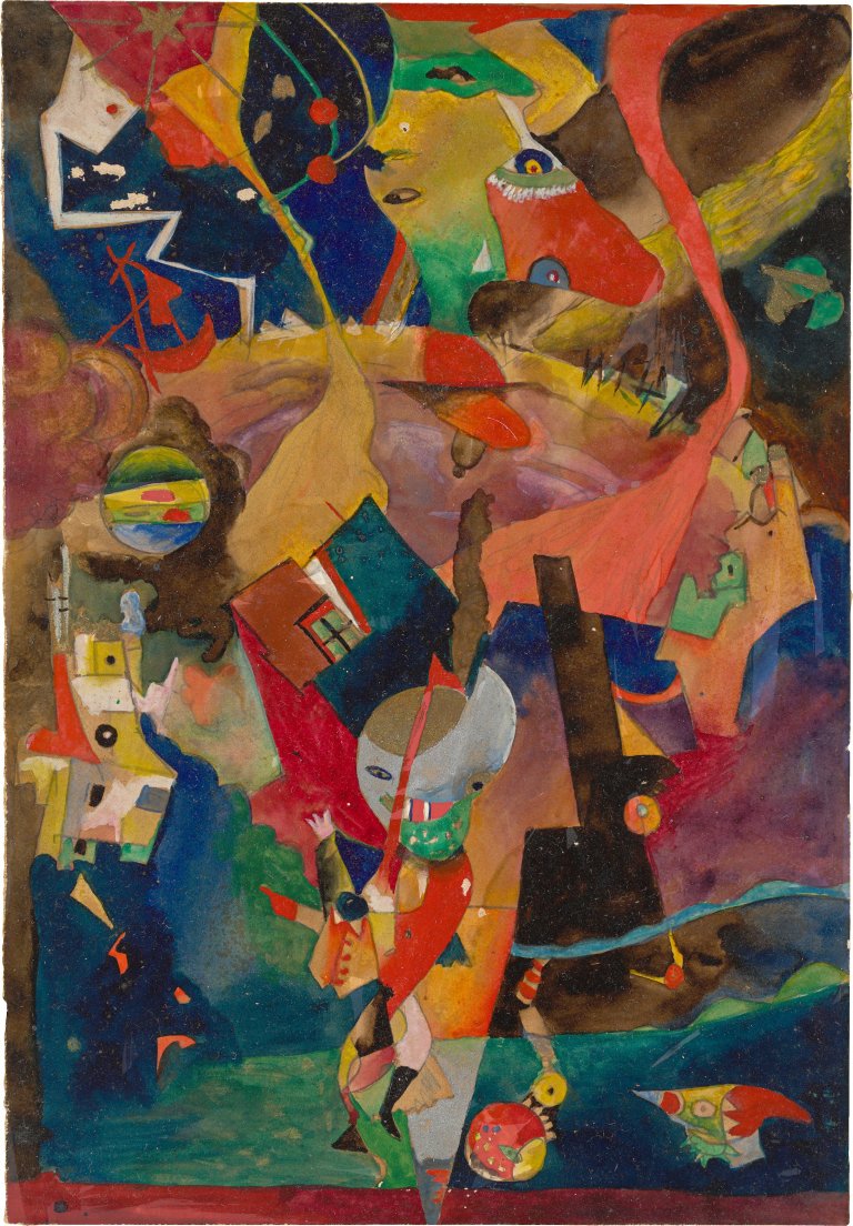 Auf diesem Bild ist das folgende Kunstwerk zu sehen: Rudolf Schlichter. Landschaft mit Fabelwesen und Figurine. Um 1916.