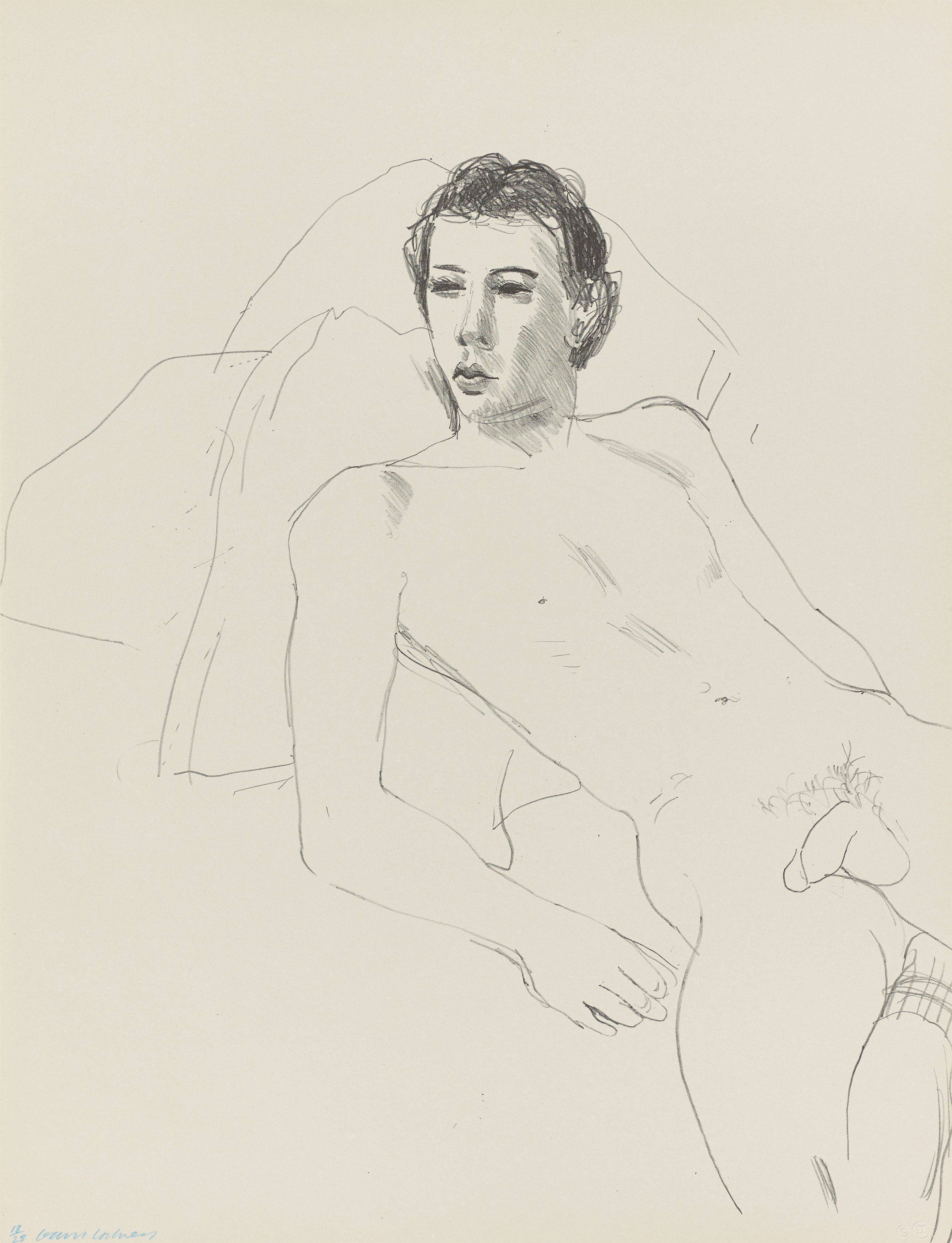 Auf diesem Bild ist das folgende Kunstwerk zu sehen: David Hockney. „Gregory Reclining“. 1976/77.