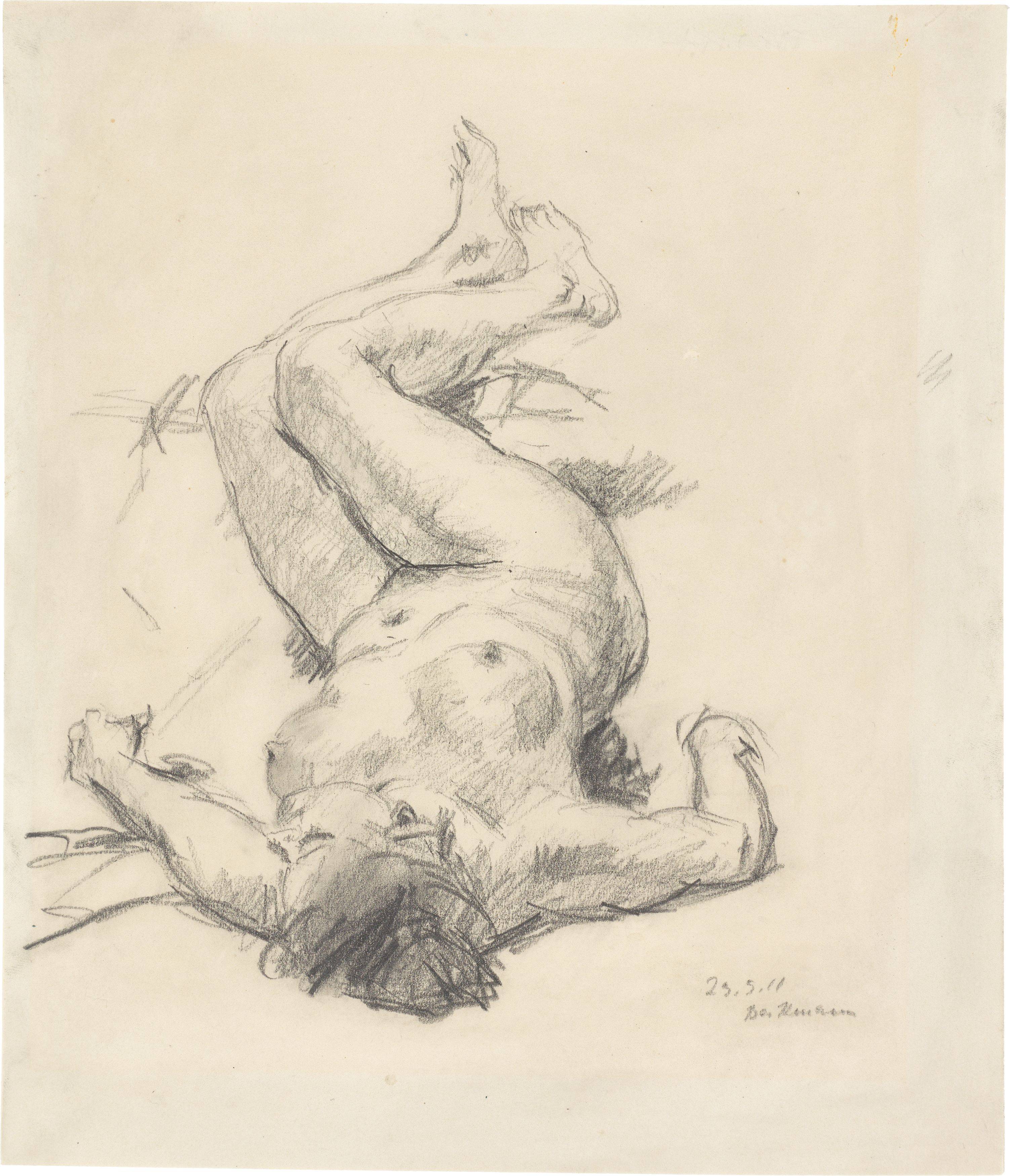 This picture shows the following artwork: Max Beckmann. ”Studie zur Amazonenschlacht – auf dem Rücken liegender weiblicher Akt, nach links”. 1911.