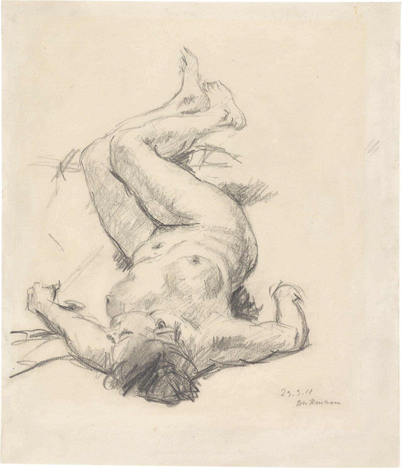 This picture shows the following artwork: Max Beckmann. ”Studie zur Amazonenschlacht – auf dem Rücken liegender weiblicher Akt, nach links”. 1911.