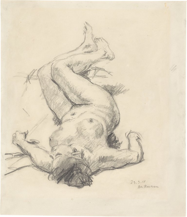 This picture shows the following artwork: Max Beckmann. ”Studie zur Amazonenschlacht – auf dem Rücken liegender weiblicher Akt, nach links”. 1911.