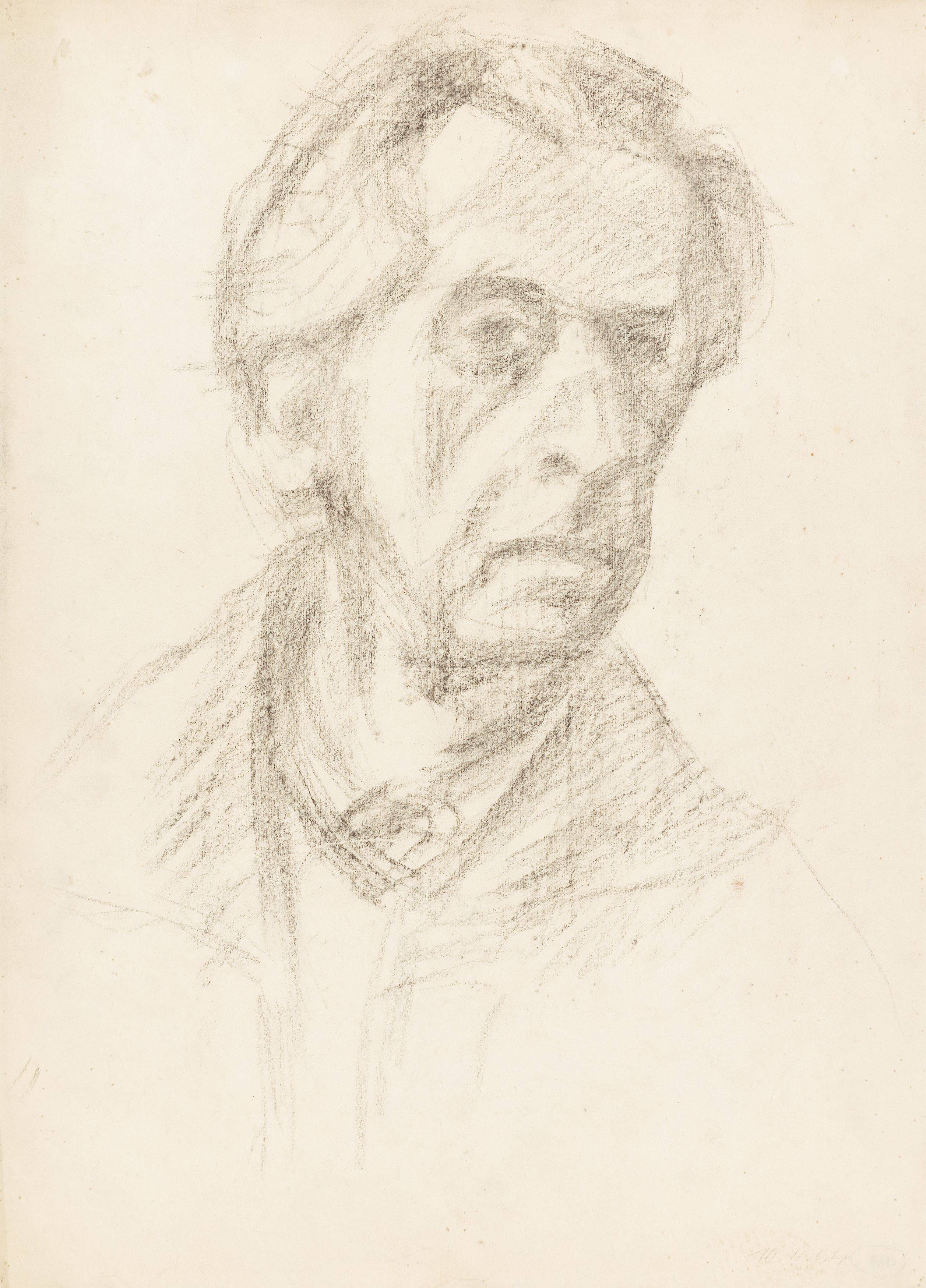 Auf diesem Bild ist das folgende Kunstwerk zu sehen: Hermann Glöckner. Selbstbildnis leicht nach rechts geneigt. 1964.