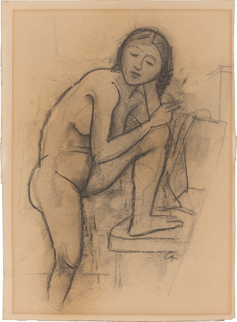 This picture shows the following artwork: Karl Hofer. Female Nude, one leg on a chair.