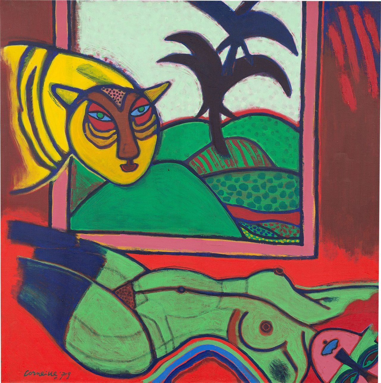 This picture shows the following artwork:  Corneille (i.e. Cornelis Guillaume Beverloo). ”LE TIGRE AMOUREUX”. 1979.