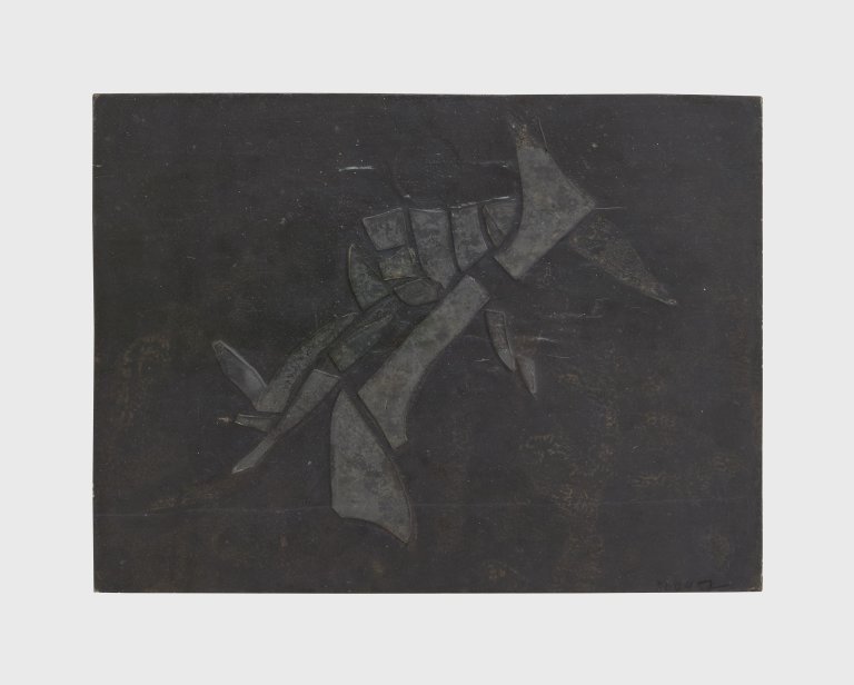 Auf diesem Bild ist das folgende Kunstwerk zu sehen: Hermann Glöckner. Figuration von Glasscherben auf schwarzem Grund. 1957.