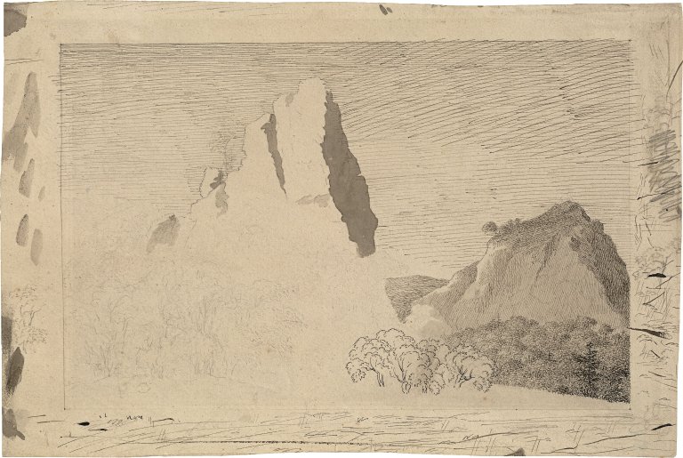 This picture shows the following artwork: Caspar David Friedrich. ”Landschaft mit Felsgipfel”. Circa 1799.