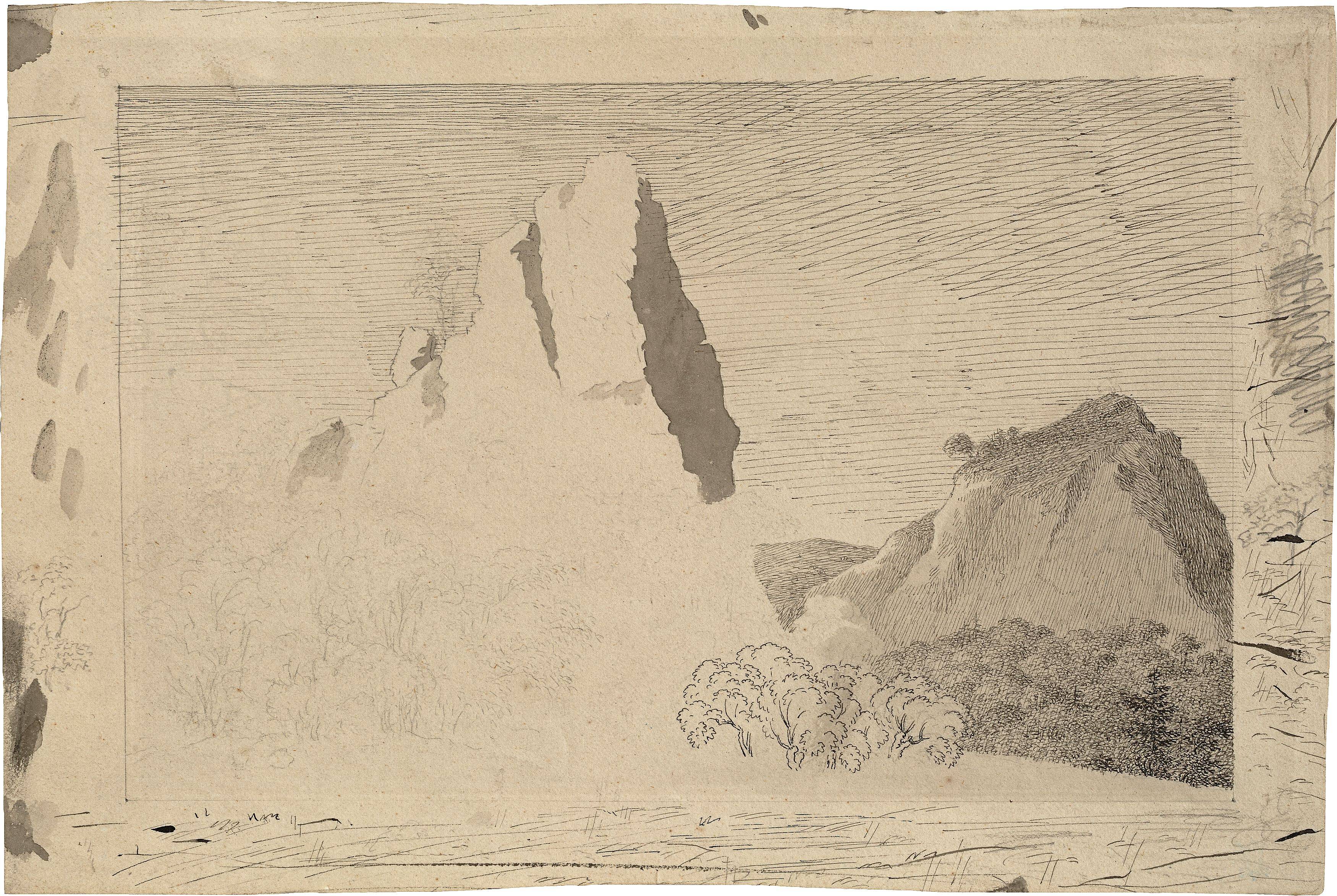 This picture shows the following artwork: Caspar David Friedrich. ”Landschaft mit Felsgipfel”. Circa 1799.