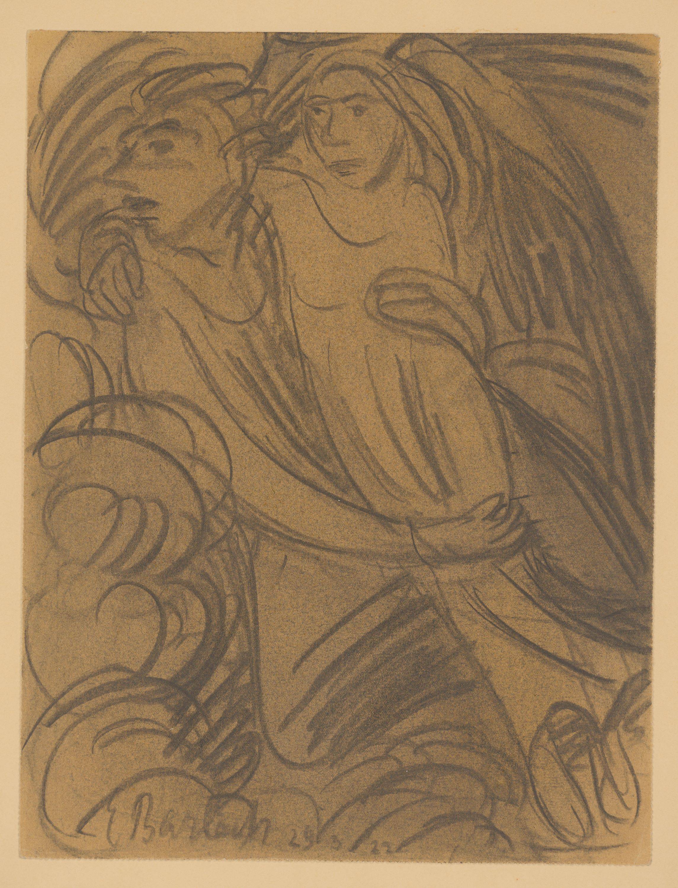 This picture shows the following artwork: Ernst Barlach. Floating angel carrying a female figure. 1922.
