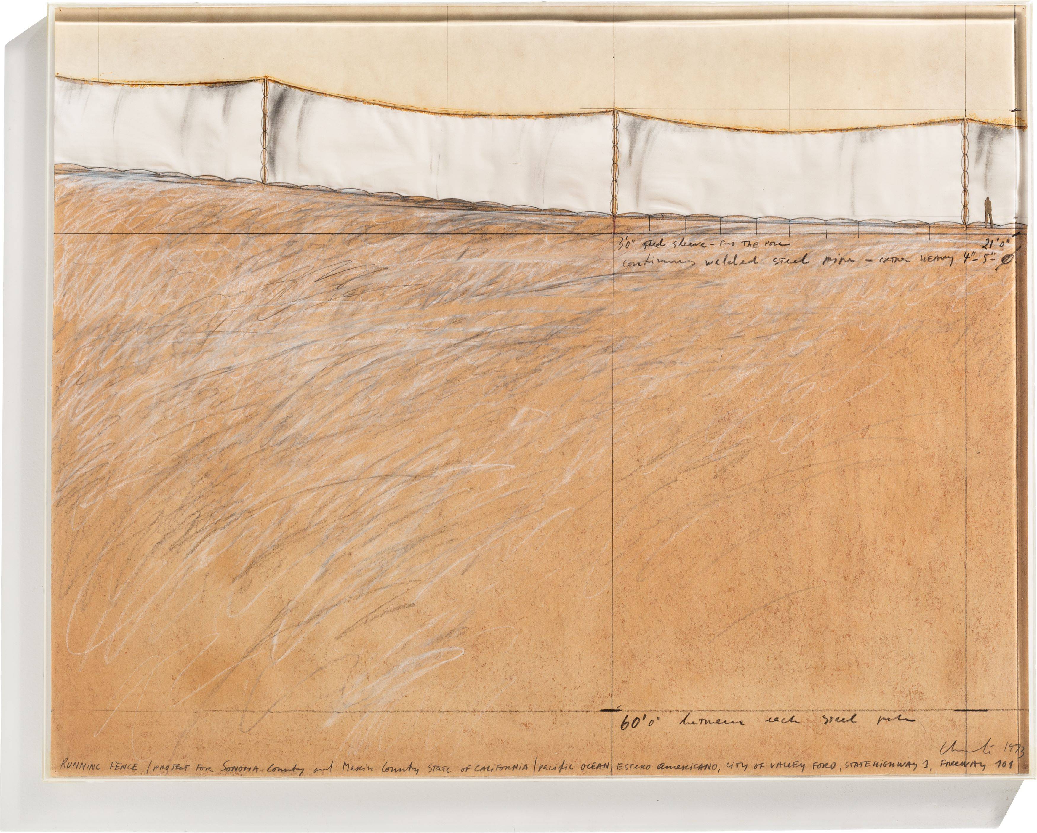 This picture shows the following artwork:  Christo. ”RUNNING FENCE/ Project For Sonoma County and Marin County STATE OF CALIFORNIA”. 1973.