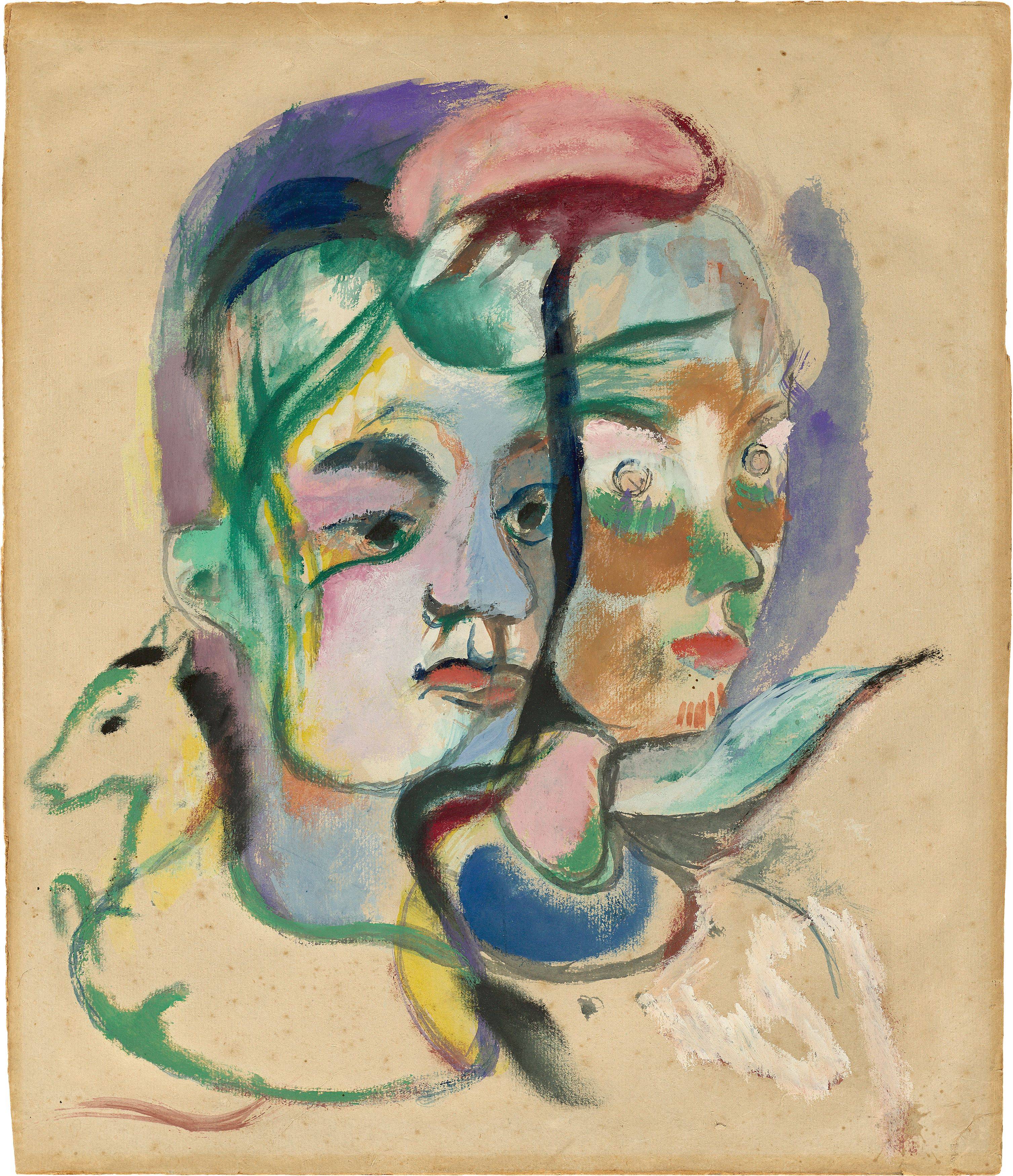 This picture shows the following artwork: Heinrich Campendonk. ”Zwei Kinderköpfe”. Circa 1915.