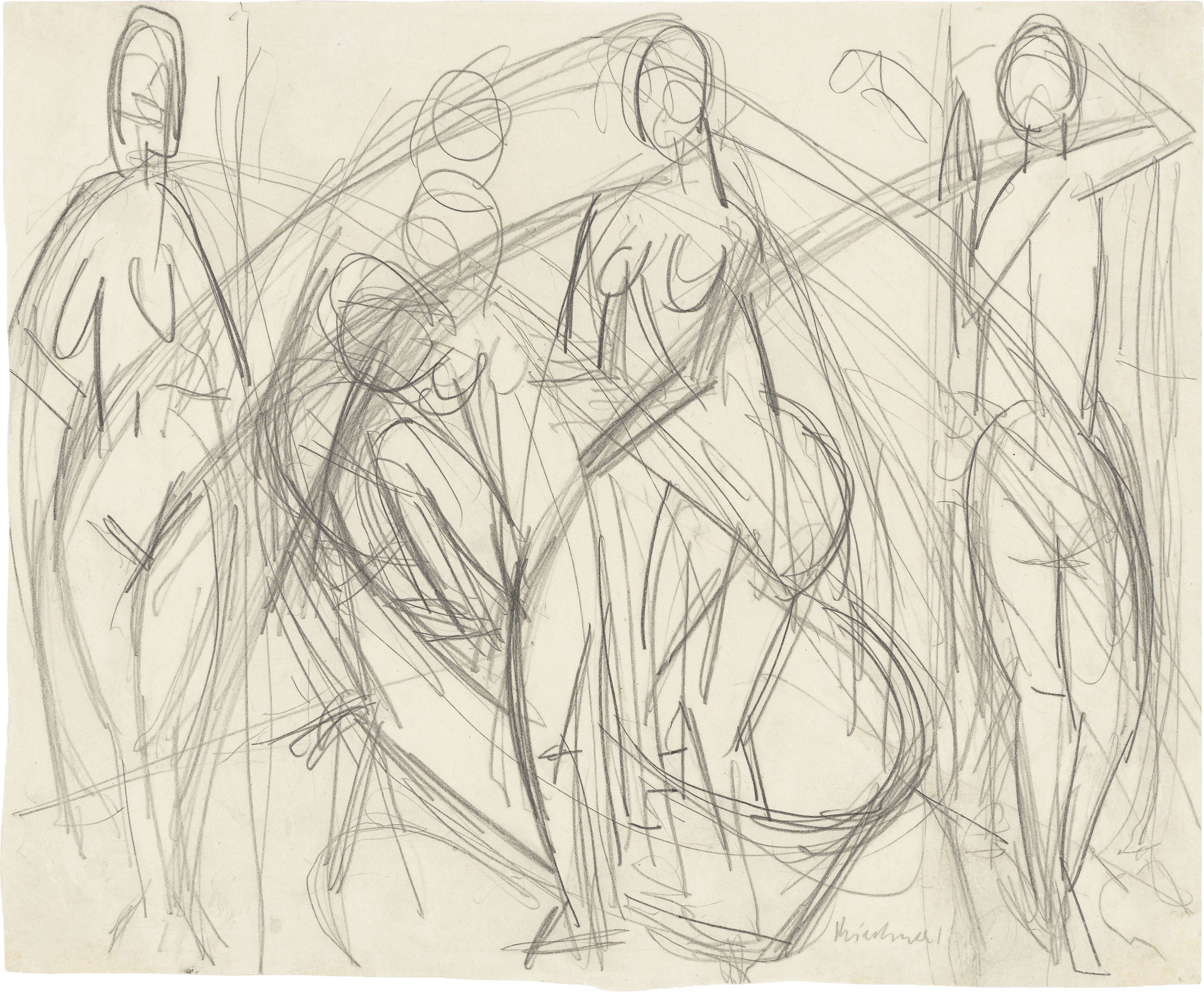 This picture shows the following artwork: Ernst Ludwig Kirchner. Sketch for ”Badende Frauen”. 1913.