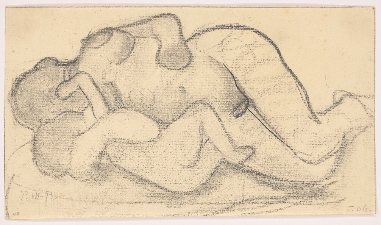 This picture shows the following artwork: Paula Modersohn-Becker. ”Liegender weiblicher Akt mit Säugling im Arm”. 1906.