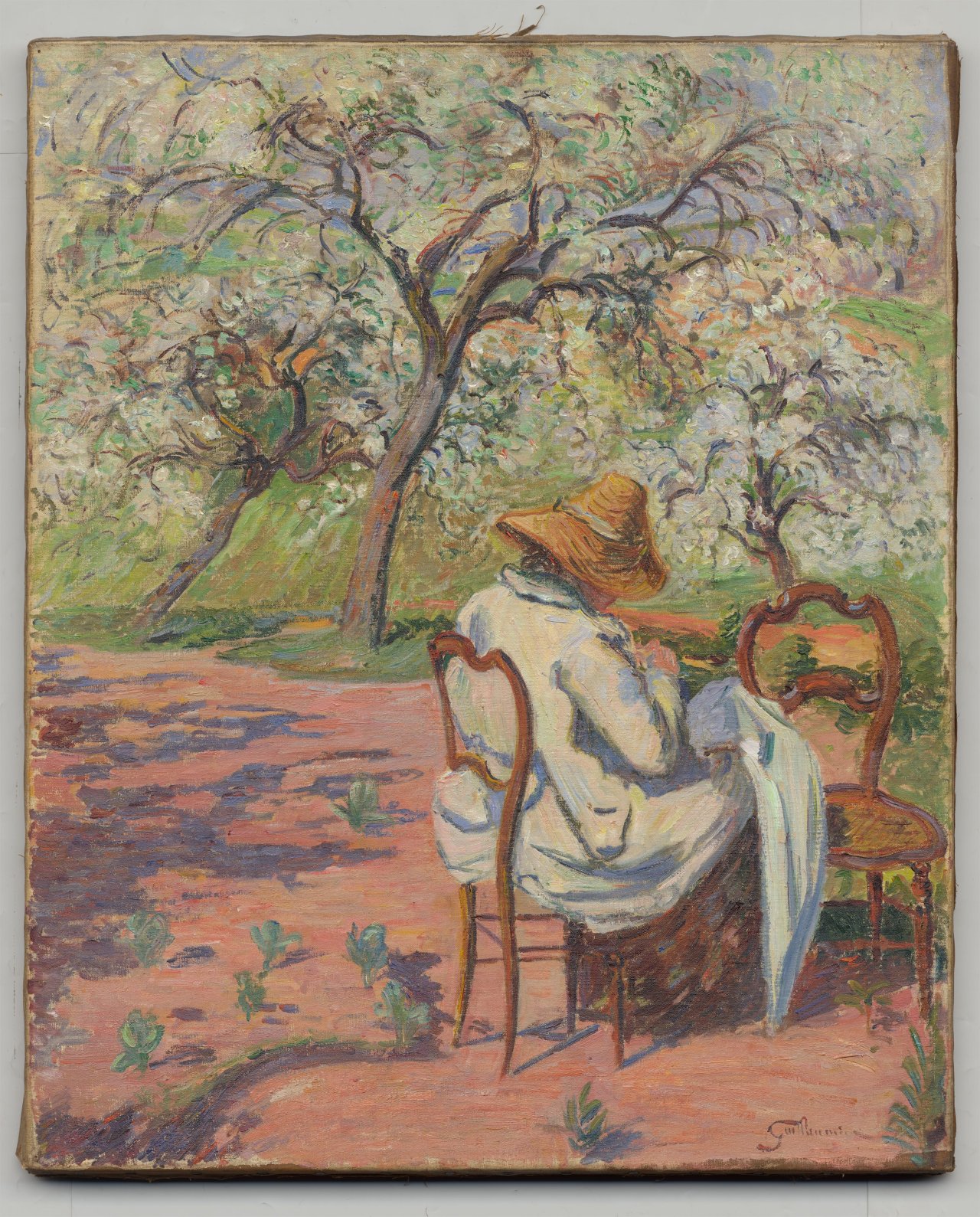This picture shows the following artwork: Jean-Baptiste Armand Guillaumin. ”Madame Guillaumin cousant”. Circa 1888.