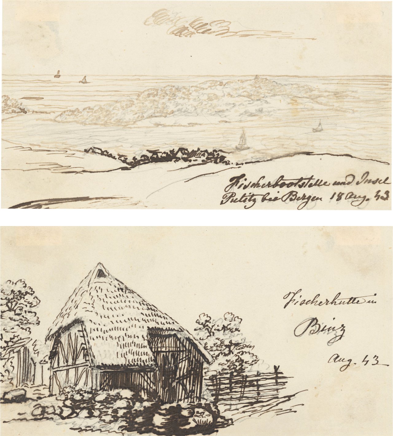 This picture shows the following artwork: Johan Christian Clausen Dahl. Two study drawings: Fishing boat mooring near Bergen / Fishing hut in Binz. 1843.