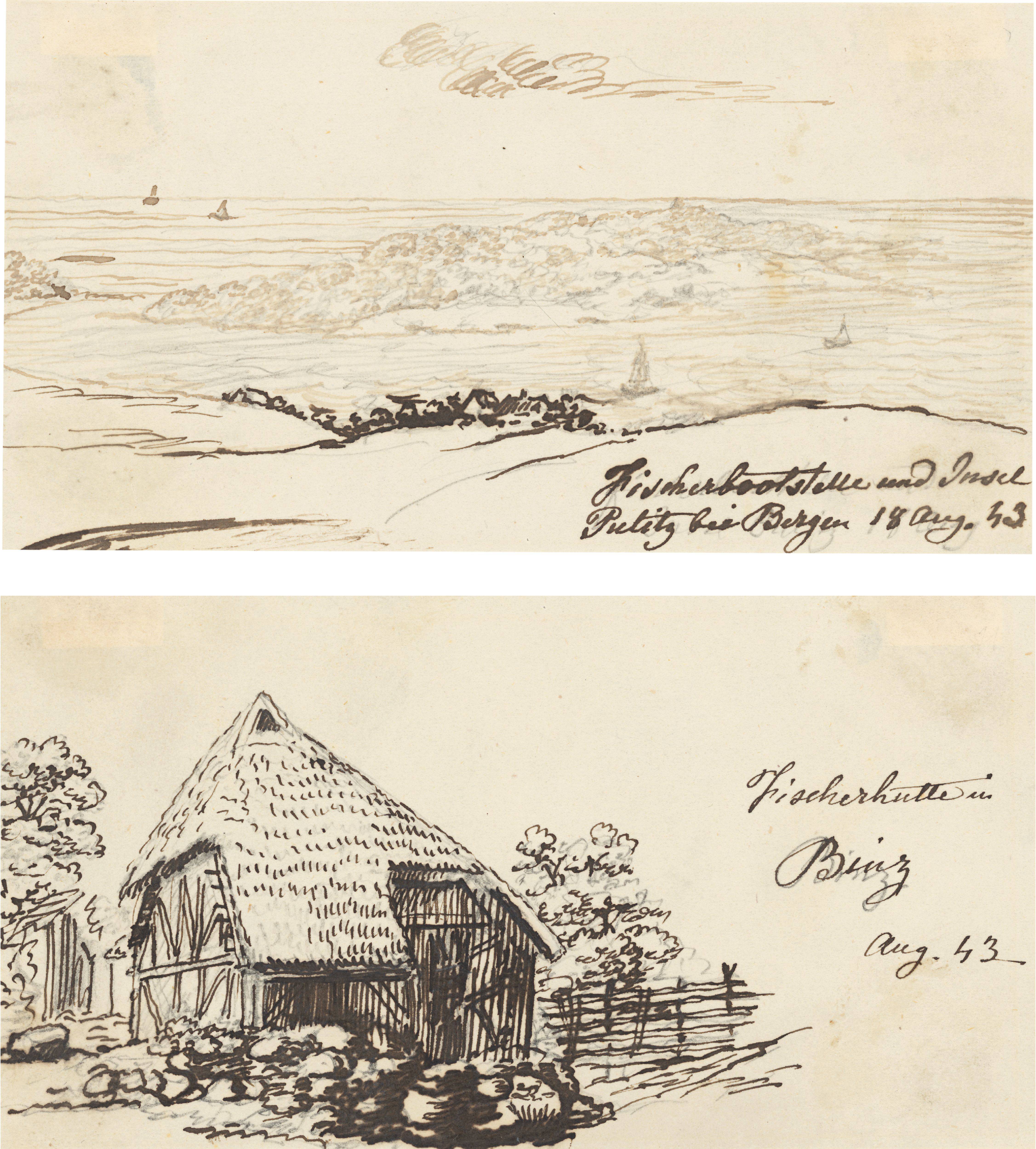 This picture shows the following artwork: Johan Christian Clausen Dahl. Two study drawings: Fishing boat mooring near Bergen / Fishing hut in Binz. 1843.