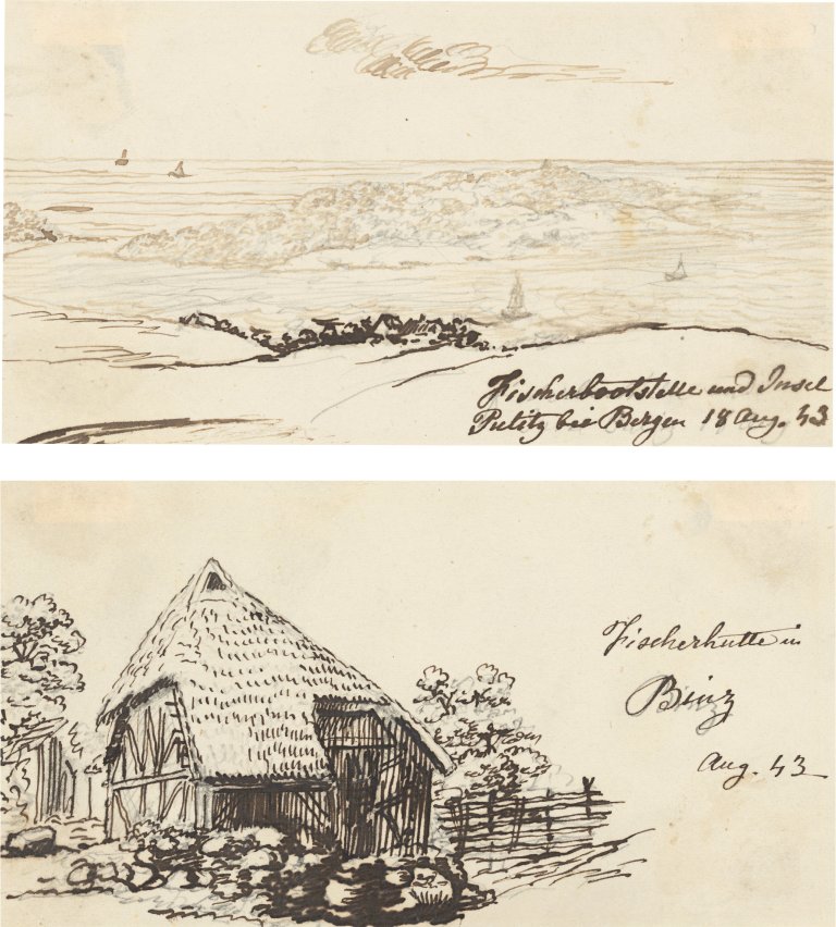 This picture shows the following artwork: Johan Christian Clausen Dahl. Two study drawings: Fishing boat mooring near Bergen / Fishing hut in Binz. 1843.