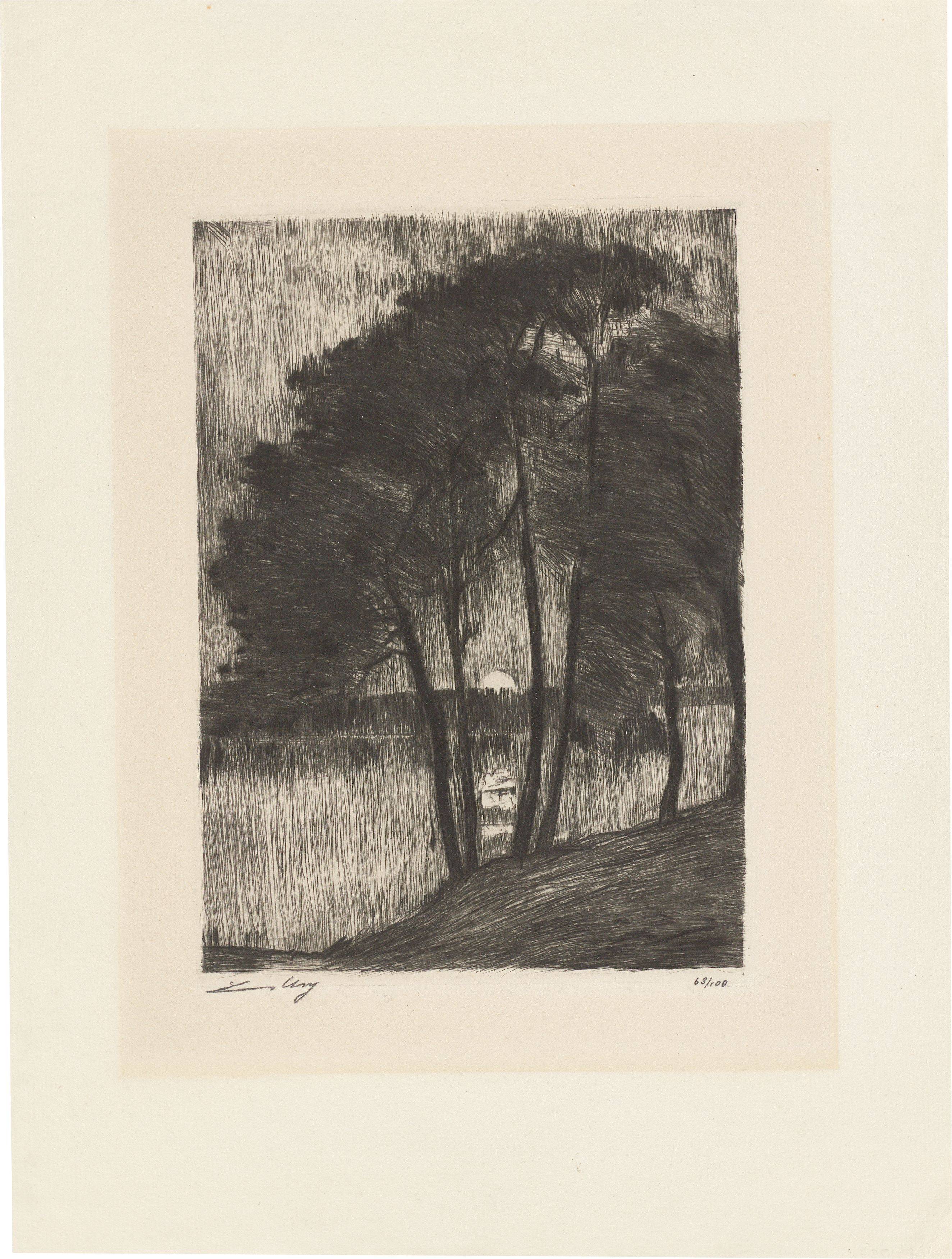 Auf diesem Bild ist das folgende Kunstwerk zu sehen: Lesser Ury. „Sonnenuntergang am Grunewaldsee“. 1924.
