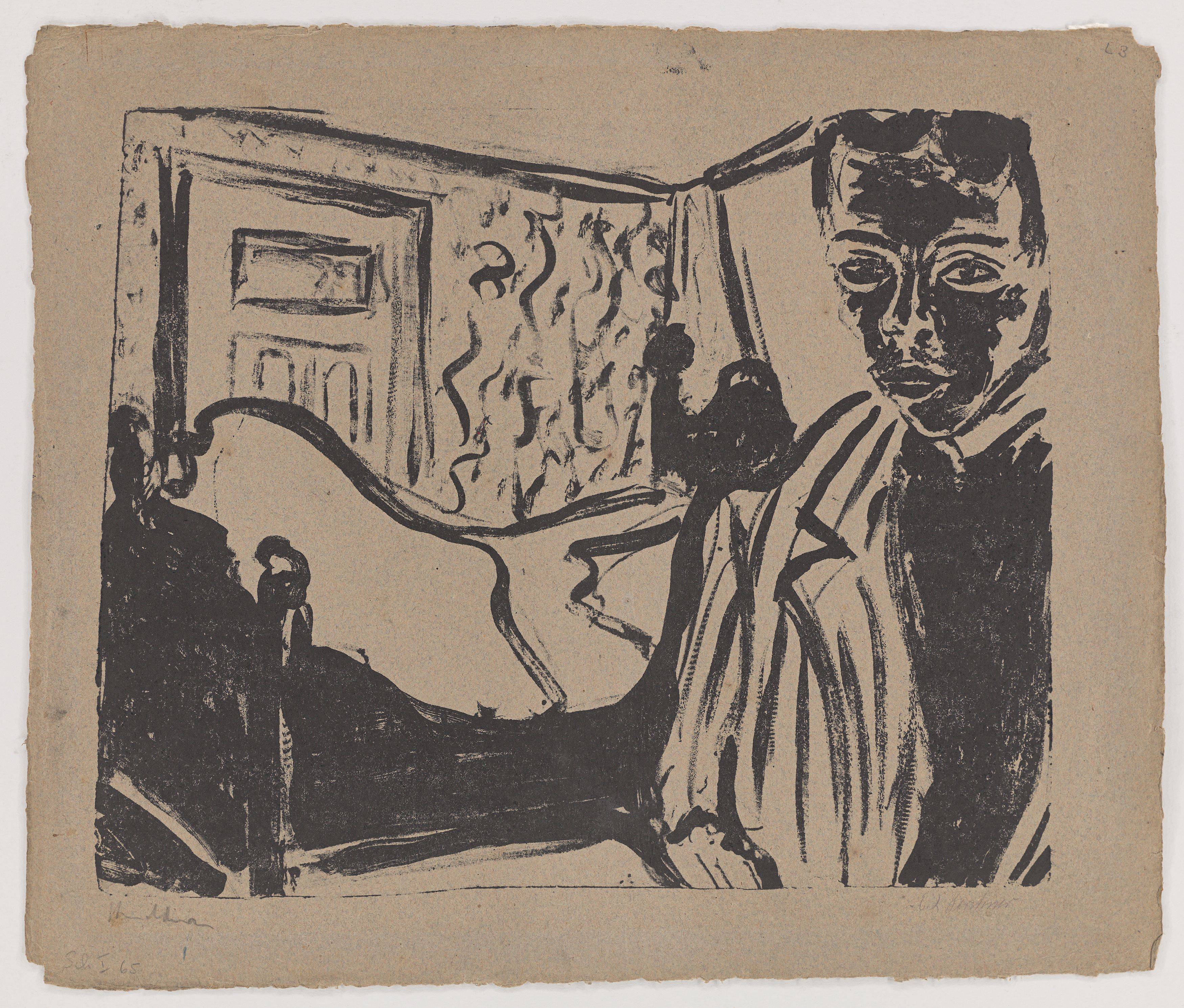 This picture shows the following artwork: Ernst Ludwig Kirchner. ”Selbstportrait in Kammer”. 1907.