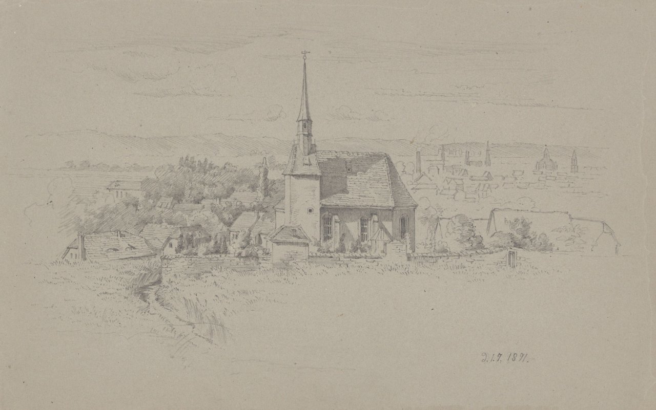 This picture shows the following artwork:  German, circa 1870. Two study drawings: Loschwitzer Grund / Village church. No year / 1871.