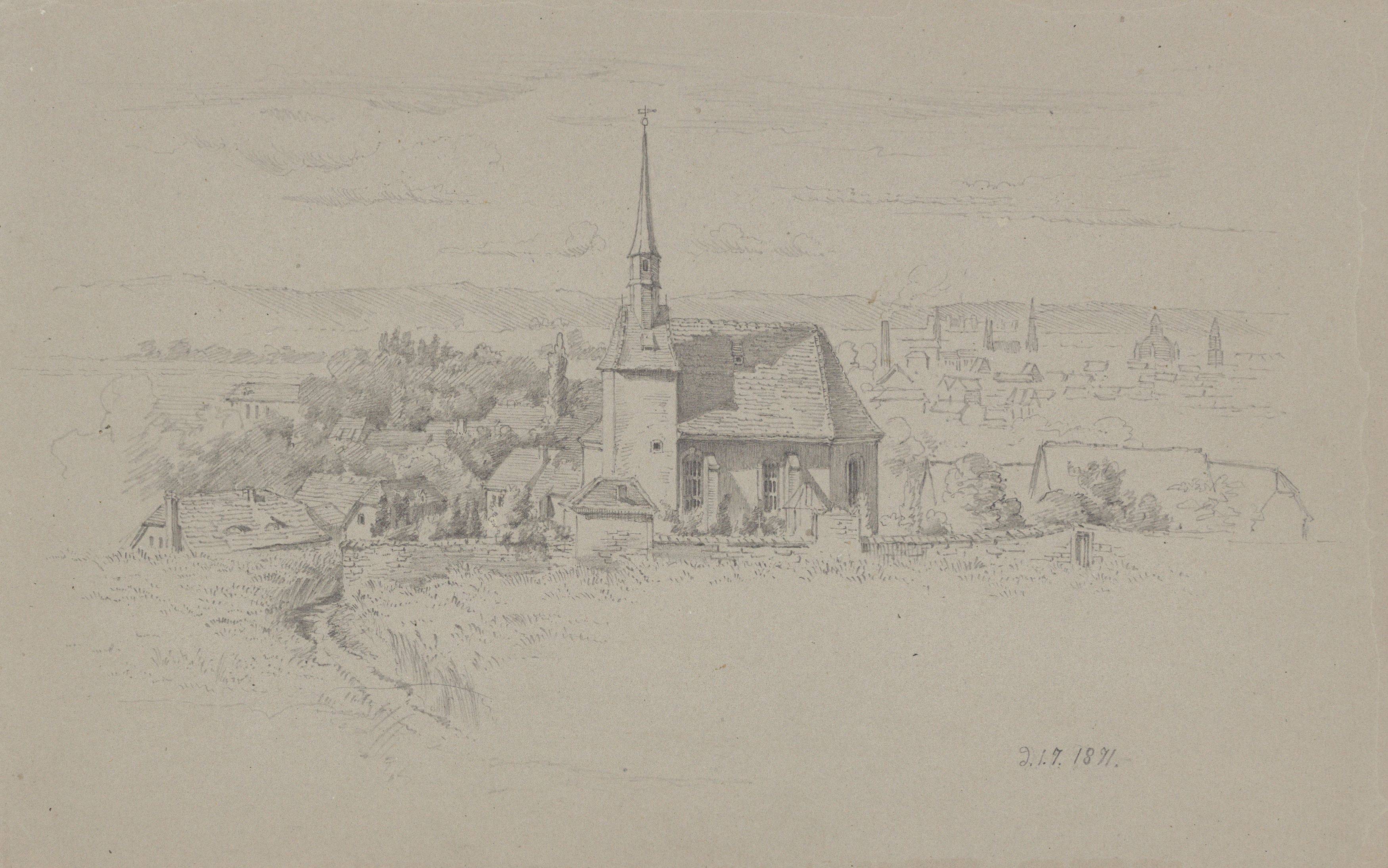 This picture shows the following artwork:  German, circa 1870. Two study drawings: Loschwitzer Grund / Village church. No year / 1871.